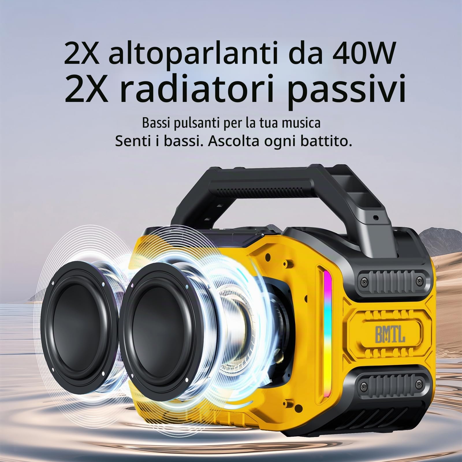 Xdobo BMTL Job Altoparlante Bluetooth 80W Portatile Senza Fili con Bassi Profondi, Altoparlante Robusto per Esterni, Ricarica Tipo-C, Ingresso Mic USB/AUX/6,5 mm, Autonomia 10-20 Ore (Giallo)