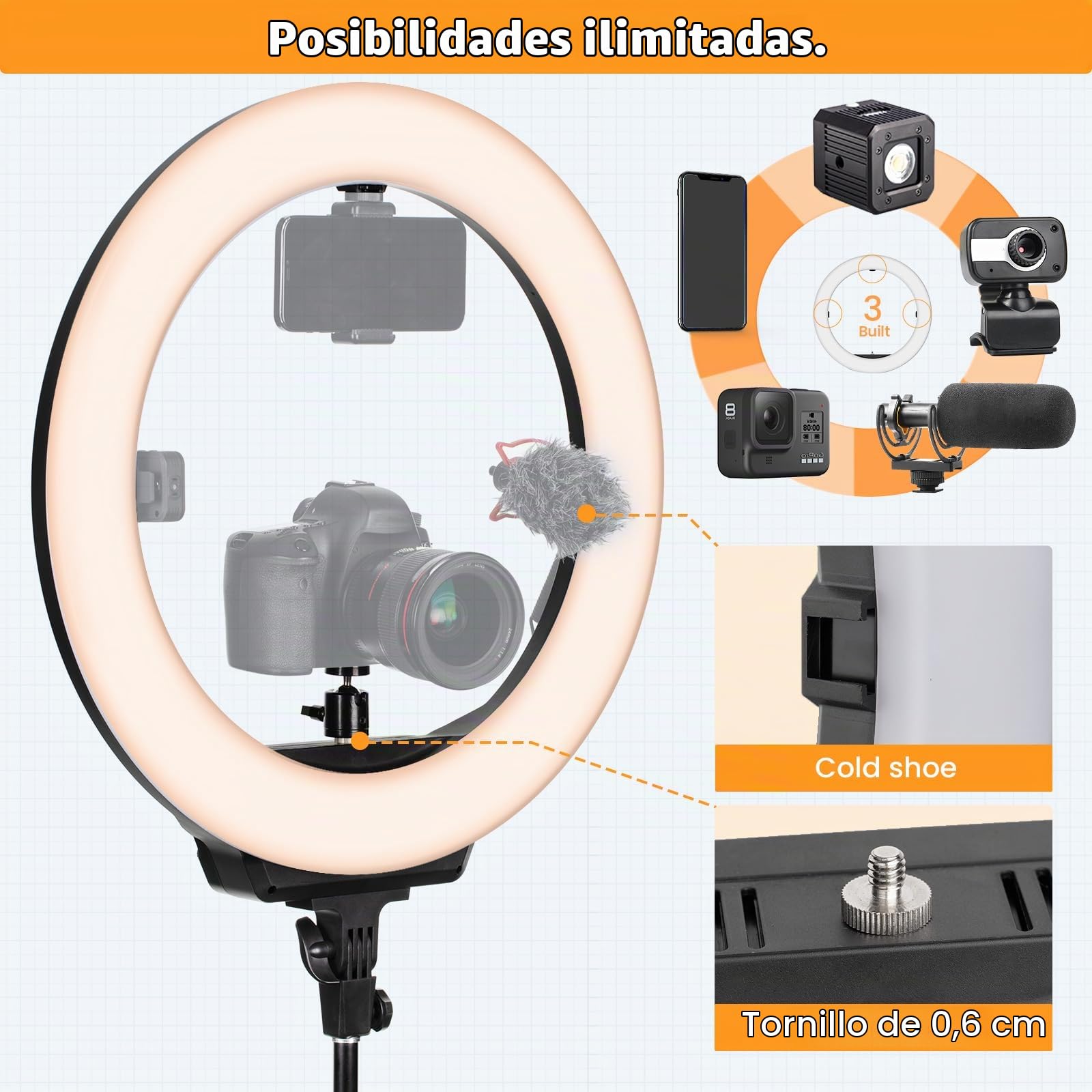 TARION R219S Anillo de luz LED con Soporte para trípode, luz Circular Grande Regulable de 19 Pulgadas con Soporte para teléfono para transmisión en Vivo, Video, Selfie, fotografía, Maquillaje