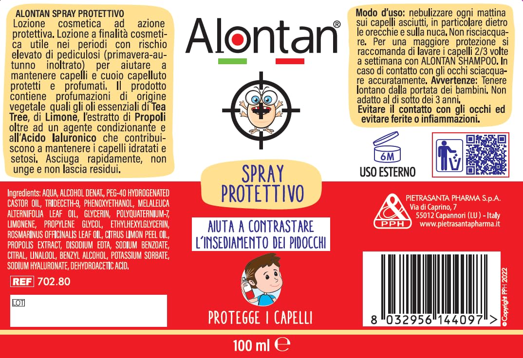 Alontan Prevenzione Pidocchi Spray - aiuta a contrastare l'insediamento dei pidocchi - protegge i capelli - prodotto cosmetico - lozione spray 100 ml