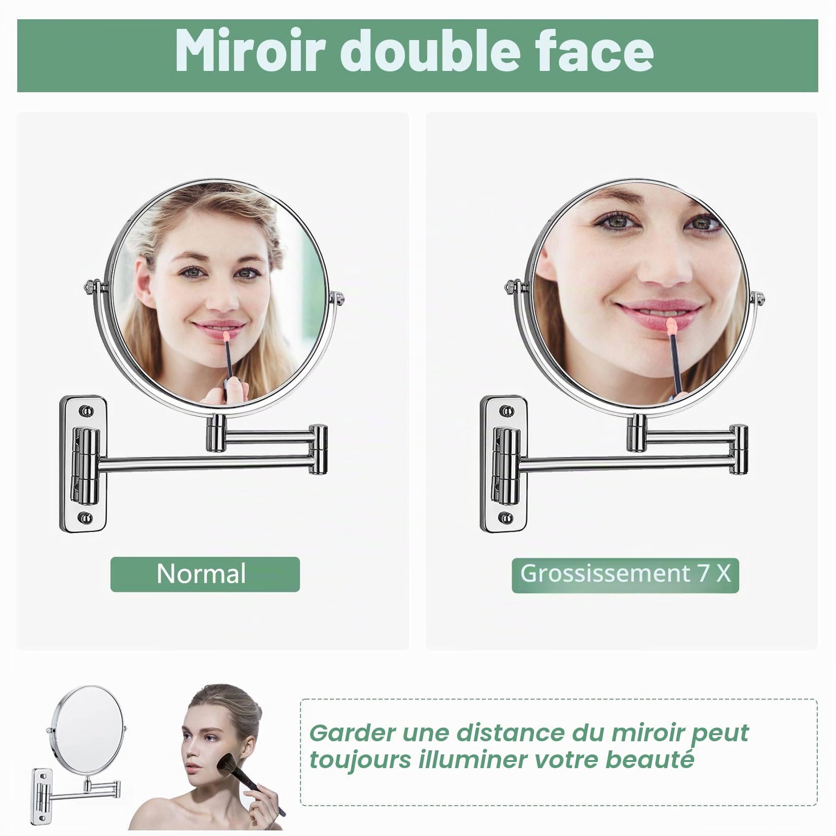 Miroir cosmétique avec grossissement 1x/7x - Miroir de Rasage Double Face - Pivotant à 360° pour Salle de Bain, Studio de beauté, Spa, hôtel Ø 20cm