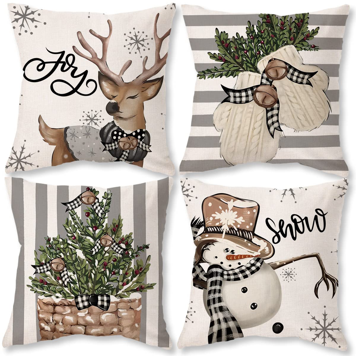 ONWAY Christmas Stripes Pillow Covers 18x18 Set of 4 Snowman Reindeer Gloves Throw Pillows Winter Holiday Decoration Cushion Case for Sofa Couch Home Decor