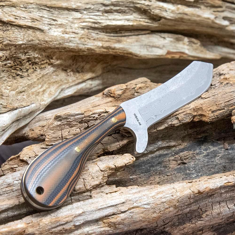 WHISKEY BENT HAT CO. Bullcutter 3 Fixed Blade Knife Damascus Steel, w/Leather Sheath, 3.5" Blade, 7" Overall Length (Chaps)