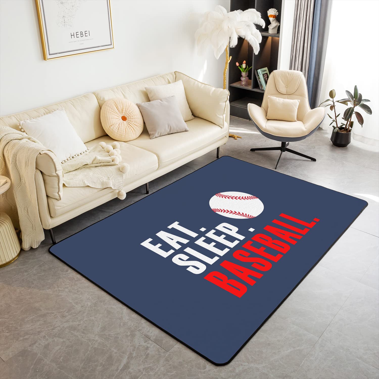 jejeloiu Baseball Area Rug 5'x7' 3D Ball Sports Living Room Rugs for Bedroom Boys Girls Women Men Blue Eat Sleep Baseball Decorative Carpet Ball Games
