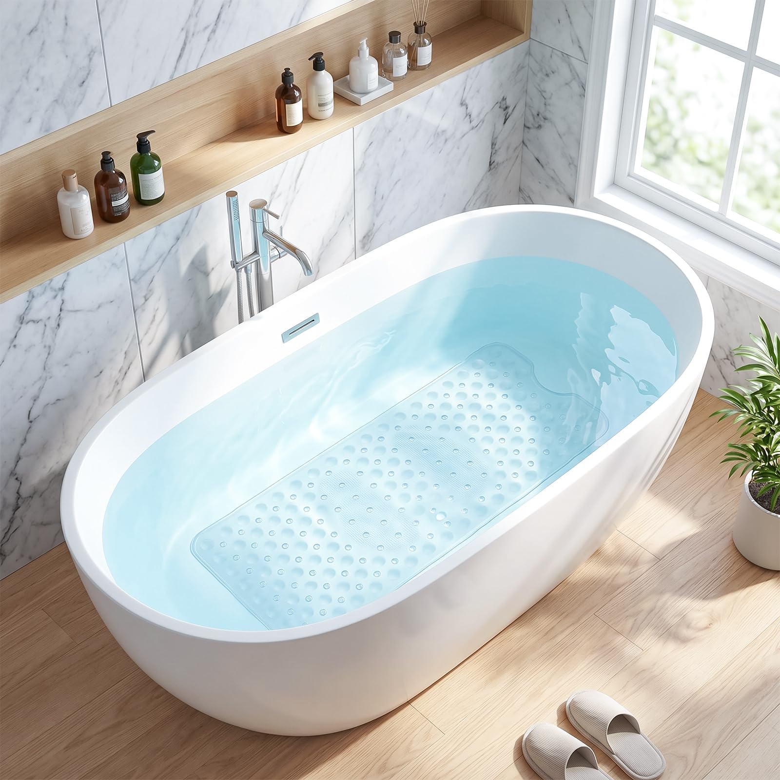Tapis de Baignoire Antidérapant 92x40cm Silicone avec Ventouses Puissantes sans BPA Lavable en Machine