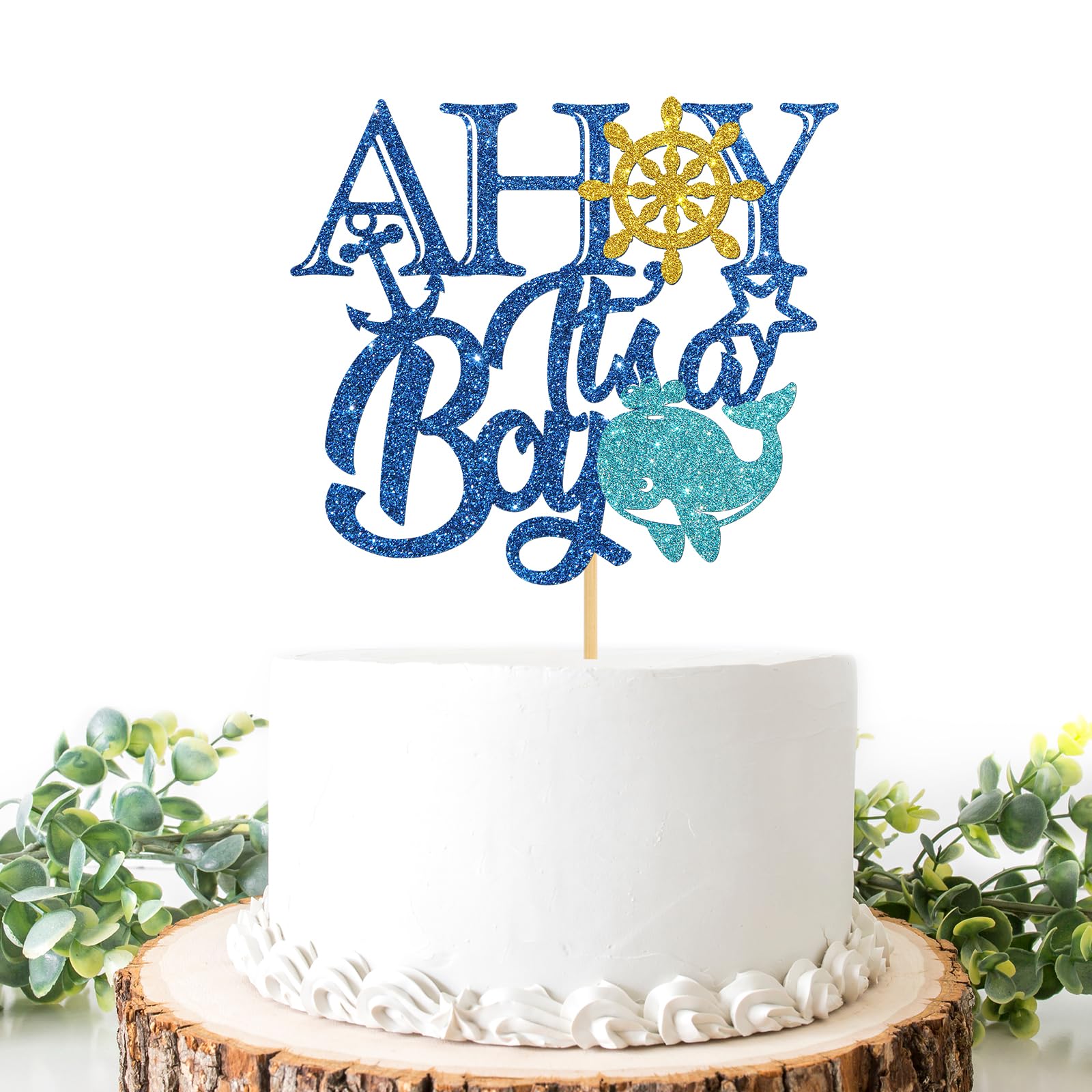 Ahoy It's a Boy Cake Topper, Nautical theme Birthday Party Decoration, Ahoy Baby Shower Gender Reveal Party Cake Picks, Welcome Baby Boy Party Supplies Photo Booth Props, Blue Glitter