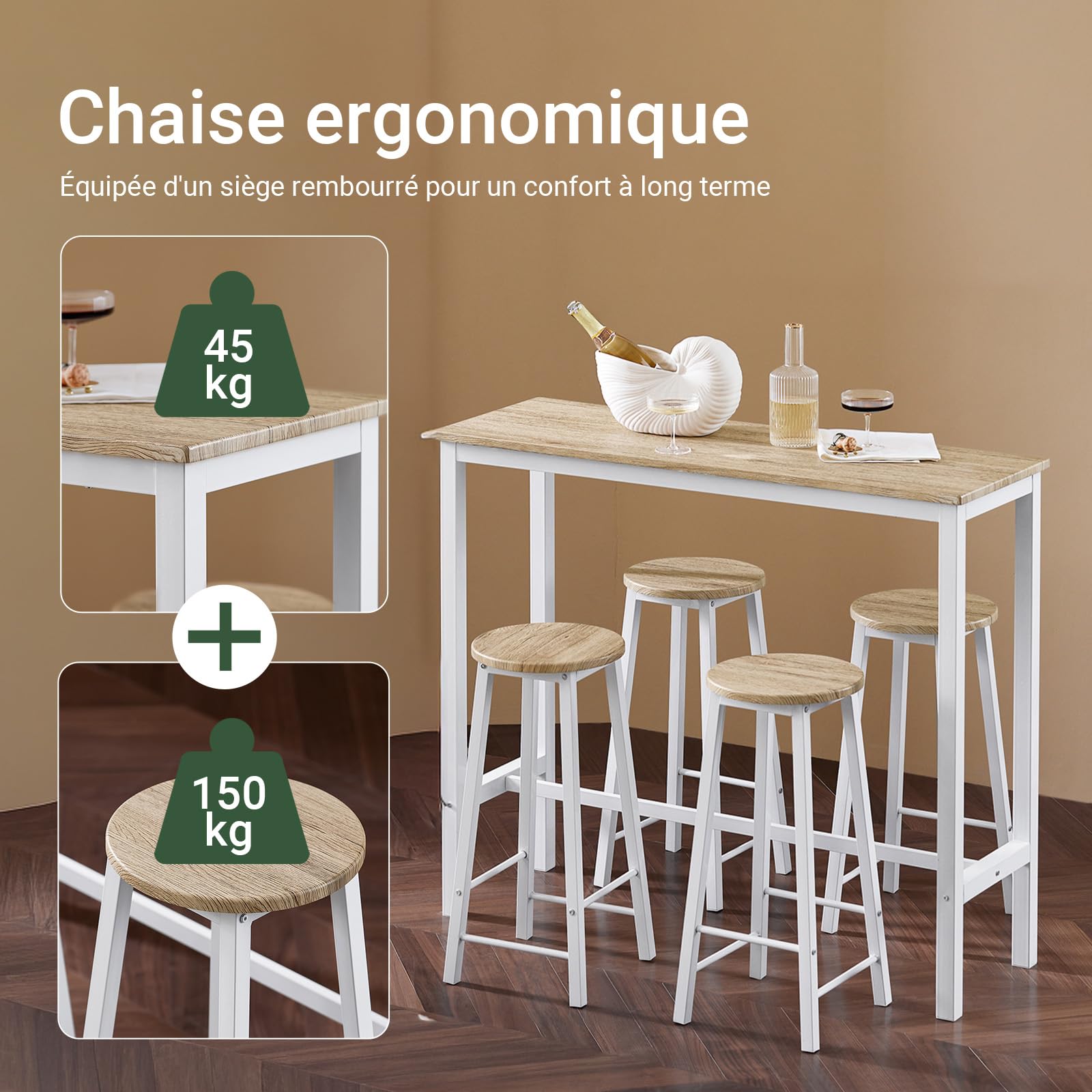 SoBuy Table Haute Mange Debout avec 4 Tabourets, Table de Bar Bistrot en Bois pour Cuisine 4 Personnes, Salon, Jardin et Extérieur Blanc-Naturel 120×100×40cm OGT22-WN