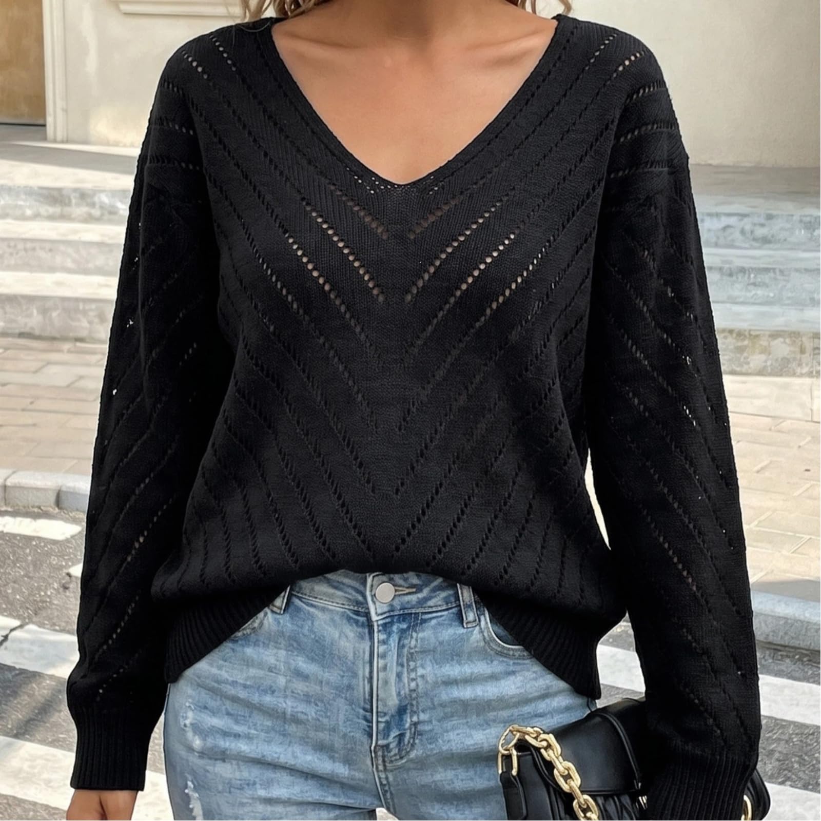 Maglione Donna Scollo V Traforato Spalla Caduta Casual