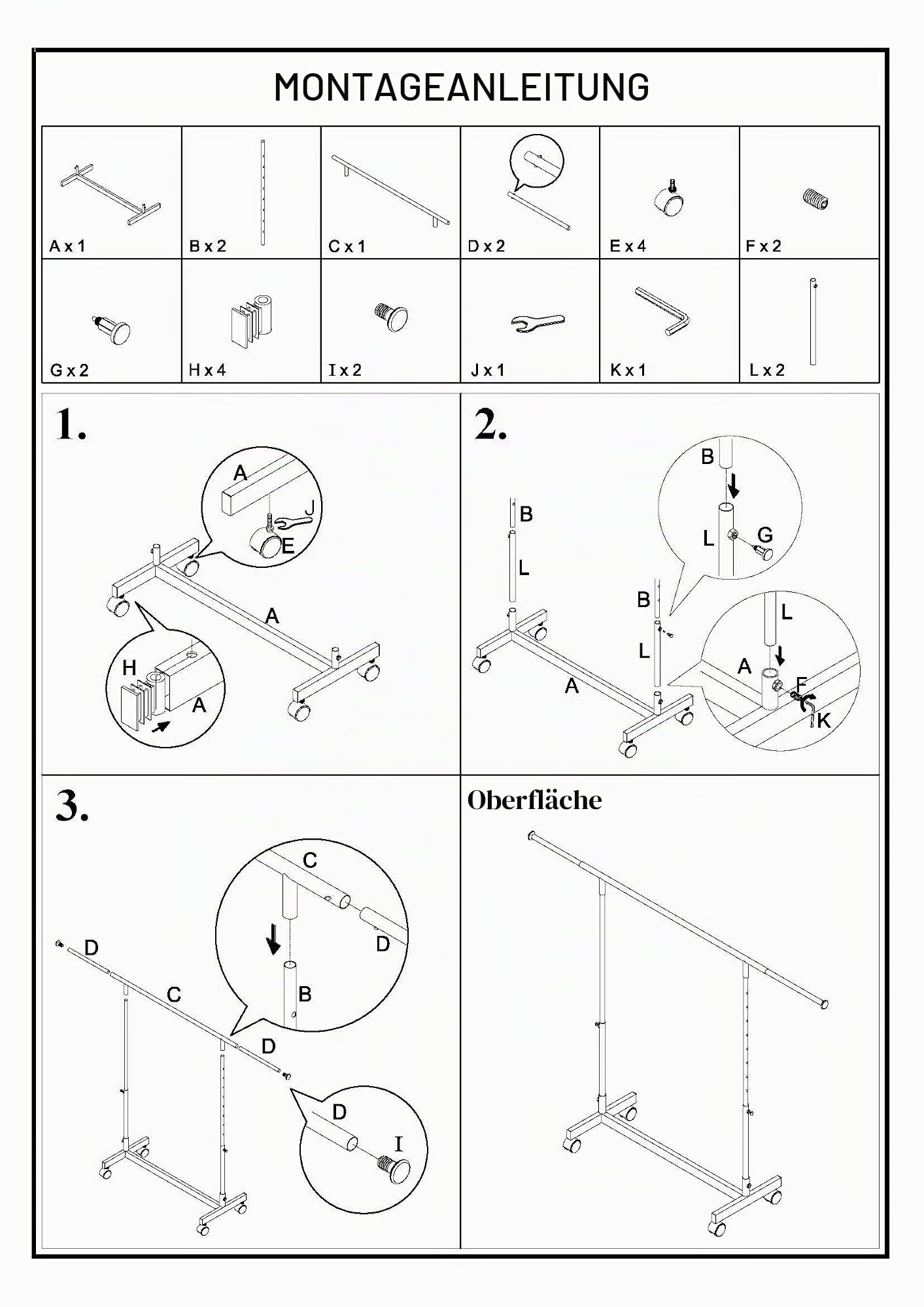GERSO Reiserollständer höhenverstellbar 100-180cm Kleiderstange rollbar ausziehbar 98-135cm Kleiderständer auf Rollen Auszüge