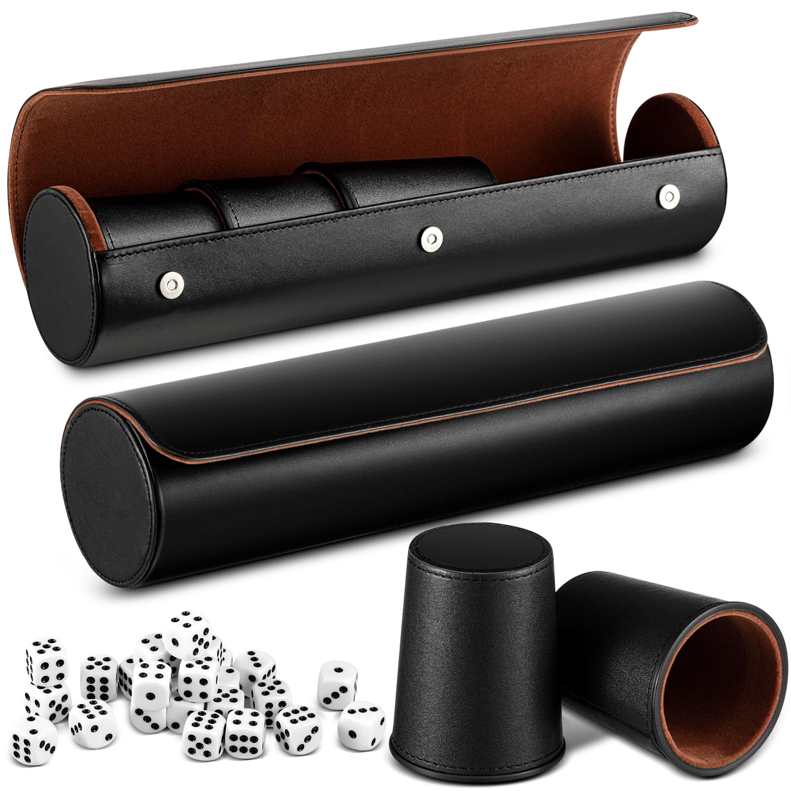 Liliful Lot de 2 tasses à dés en cuir noir comprenant 5 tasses à dés en cuir, 25 dés et 1 étui de rangement en cuir avec fermeture magnétique pour chaque ensemble, jeu de dés menteurs pour craps
