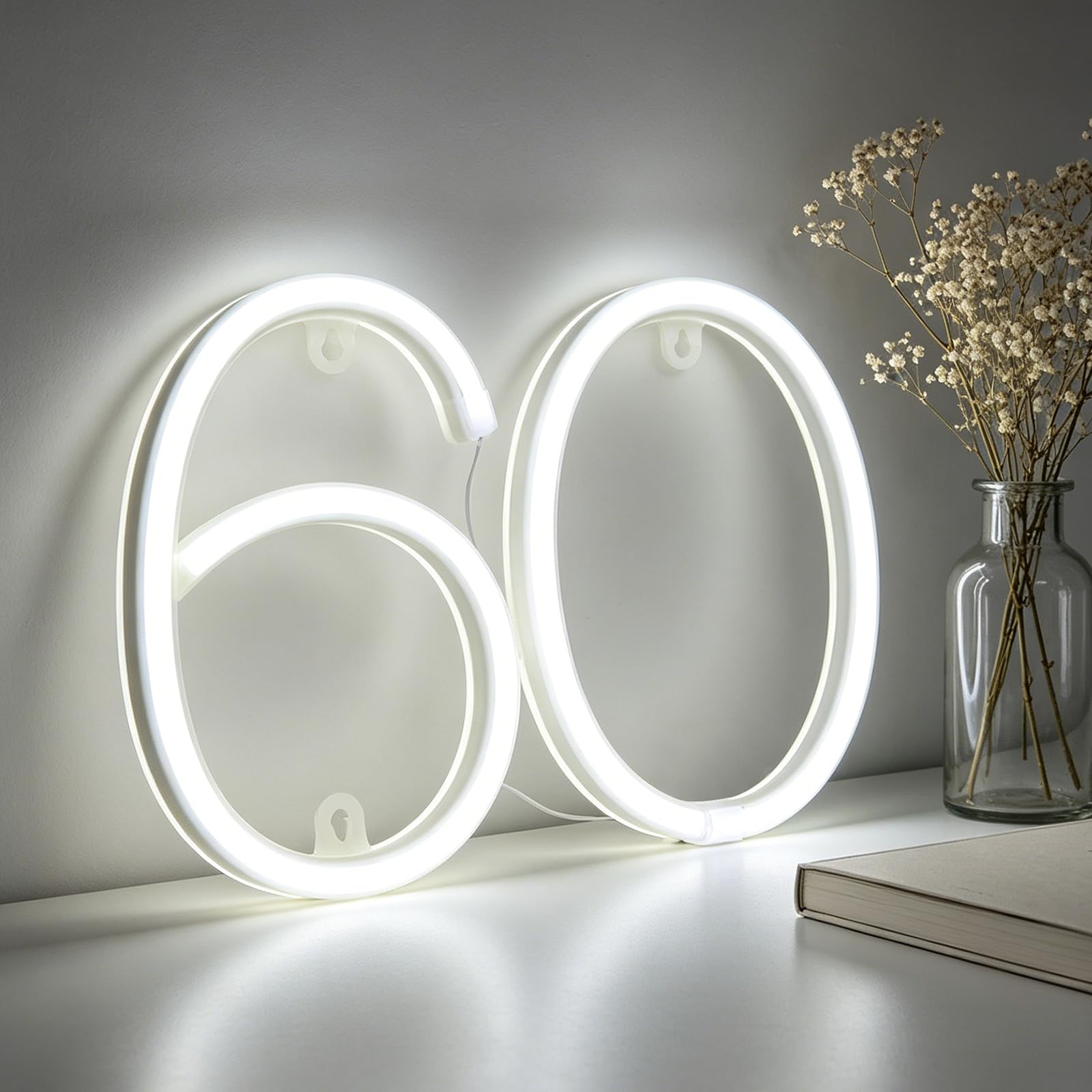 LED Neon Number Light, Neon Number Lights 60, LED Light Up Numbers for 60th Birthday Decorations, White Numbers Lights Sign for 60th Birthday Wedding Anniversary Home Bedroom Wall Party Decor