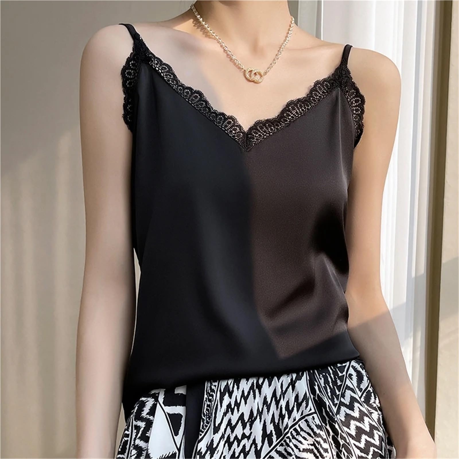 Camiseta Tirantes Mujer Camisola de Verano con Encaje, Prenda básica for Exteriores, sin Mangas, Sexy, Seda, Color Liso, Holgada