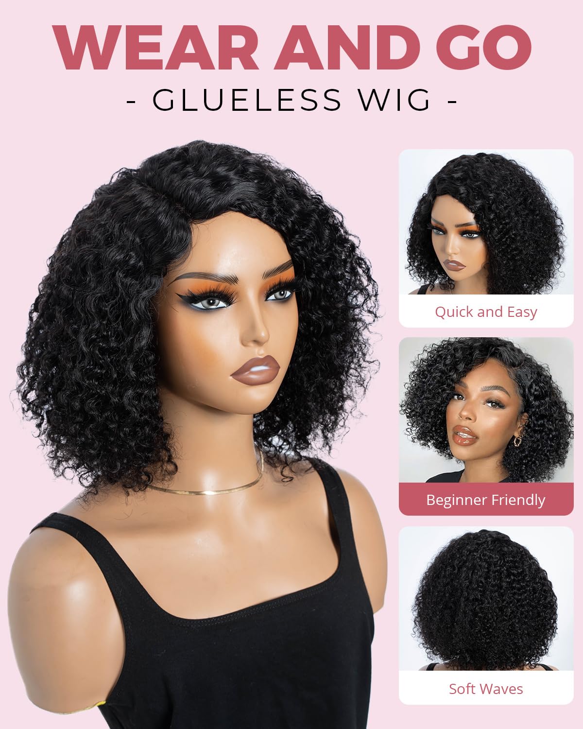 Style Icon Short Curly Bob Wigs Human Hair Wear and Go Glueless Wig for Women 10 inch Side Part Lace Deep Curly Bob Wigs C-Lace Jerry Curl Wig Natural Black (Color:1B) - Image 3