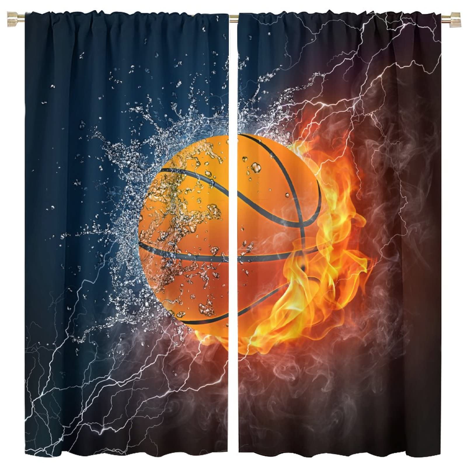 JESTRONRY Boys Basketball Curtains,Kids Sports Theme Fire Ball Water Flame Splashing Room Darkening Door Window Rod Pocket Curtain for Living Room Teen Men Bedroom Decor W63xL63in