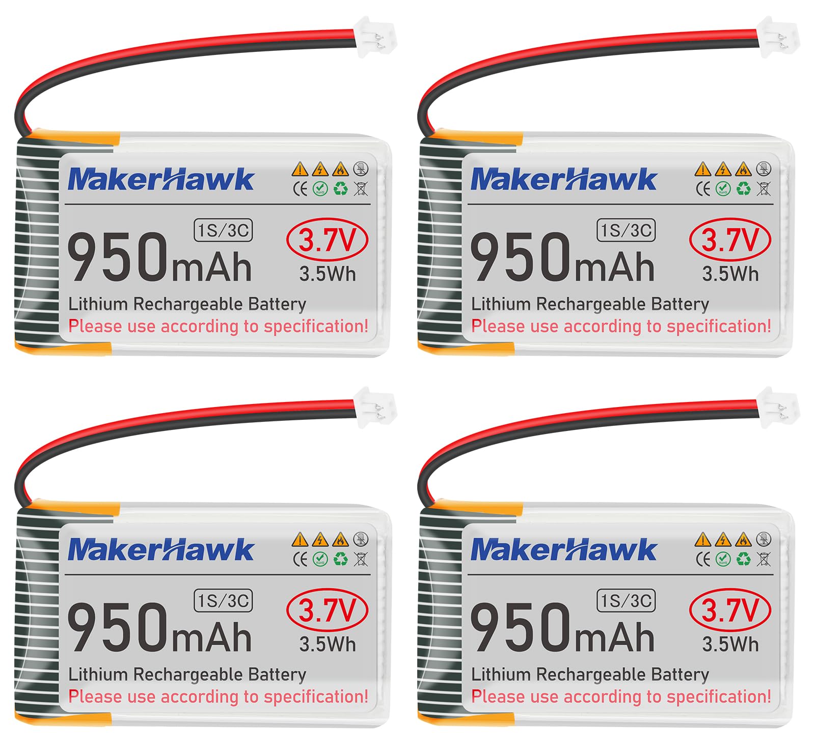 MakerHawk 3.7V 950mAh LiPo Battery Rechargeable 1S 3C Lithium Polymer Battery with Protection Board Insulated Rubber Tape, Micro JST 1.25 Plug for Arduino ESP32 Development Board (4 Pack)