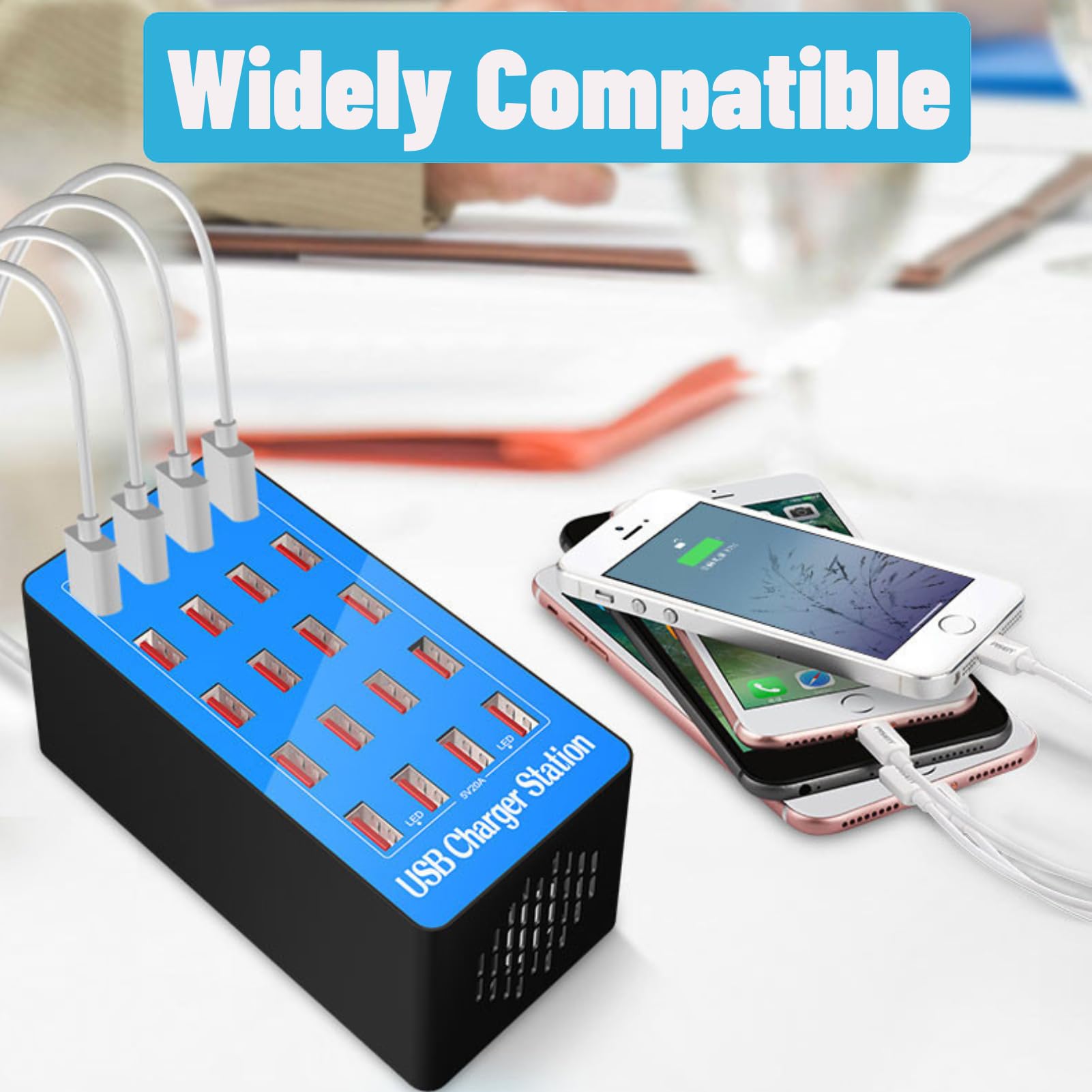 Estación de Carga USB, Cargador Rápido de 100 W, 5 V, 20 A, Carga Rápida, 20 Puertos, Estación de Carga de Concentrador USB con Ventilador de Refrigeración de 50 Grados para Teléfonos,(EU)