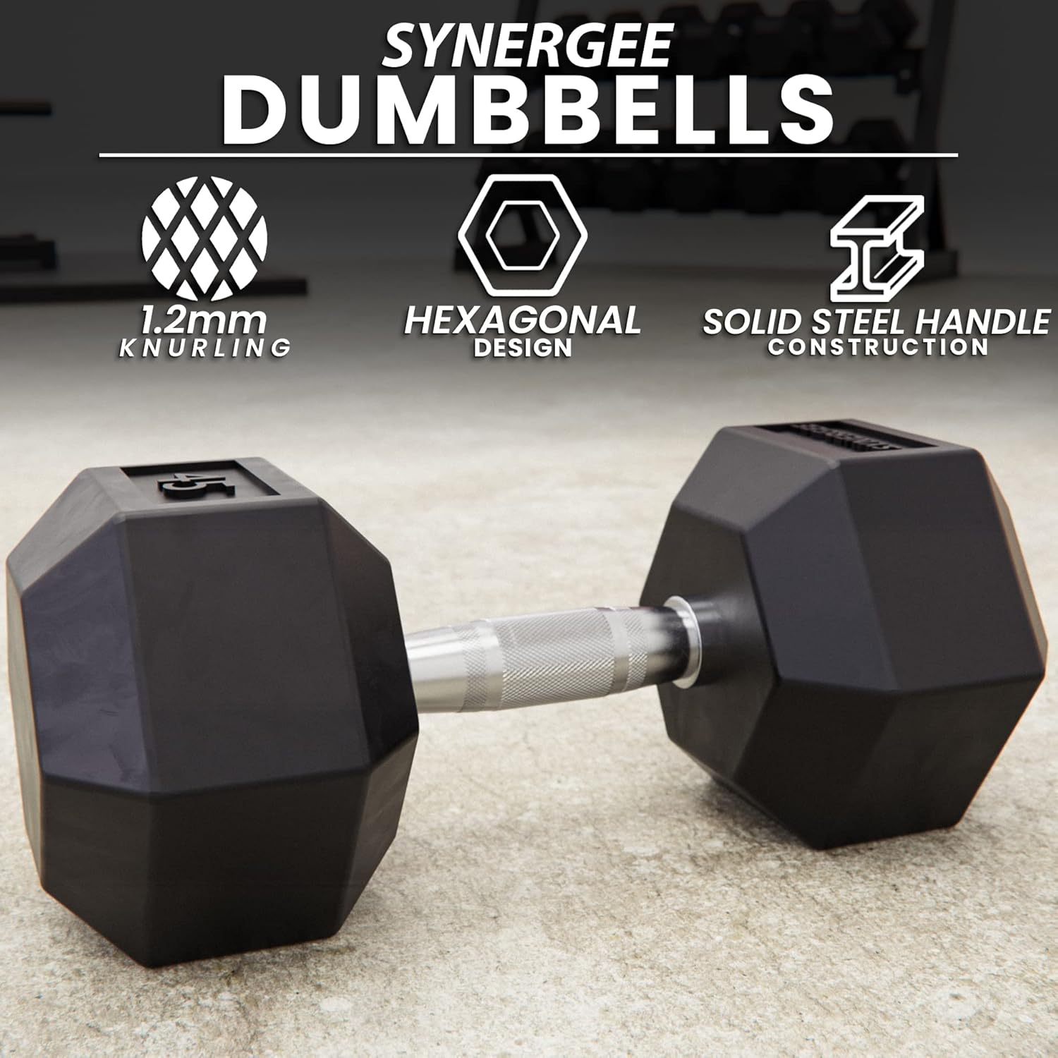 Synergee Rubber Encased Hex Dumbbells with Chrome Handle. All Purpose Weights for Strength & Conditioning Training. Available Size From 2.5 lbs to 50 lbs.
