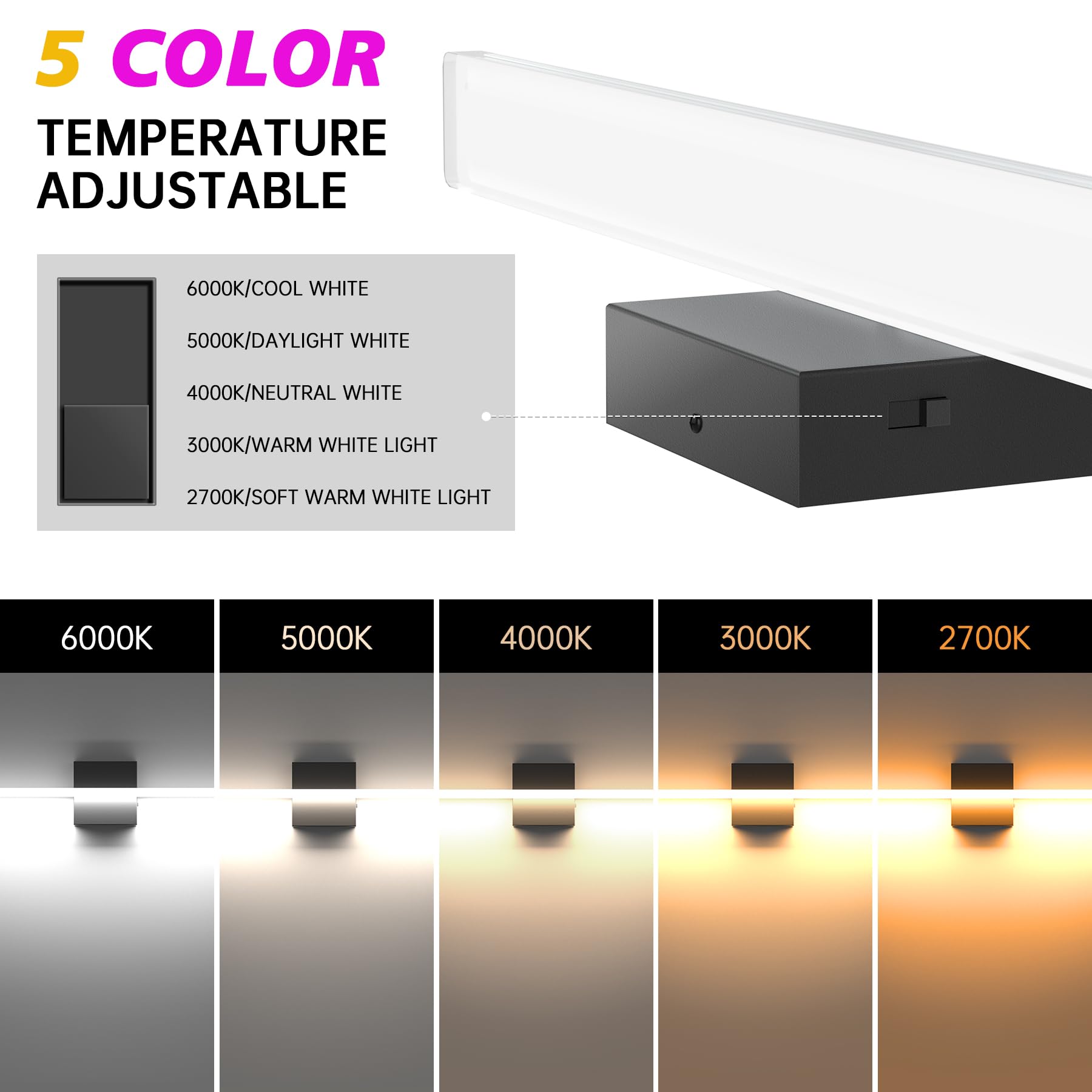 Azhien LED Bathroom Light Fixtures 23.6 inch,5CCT Dimmable Black LED Vanity Lights for Bathroom Wall Sconce, 2000LM 20W Vanity Light Bar for Bathroom Lighting Fixtures over Mirror, AZ-VINCE-60CM