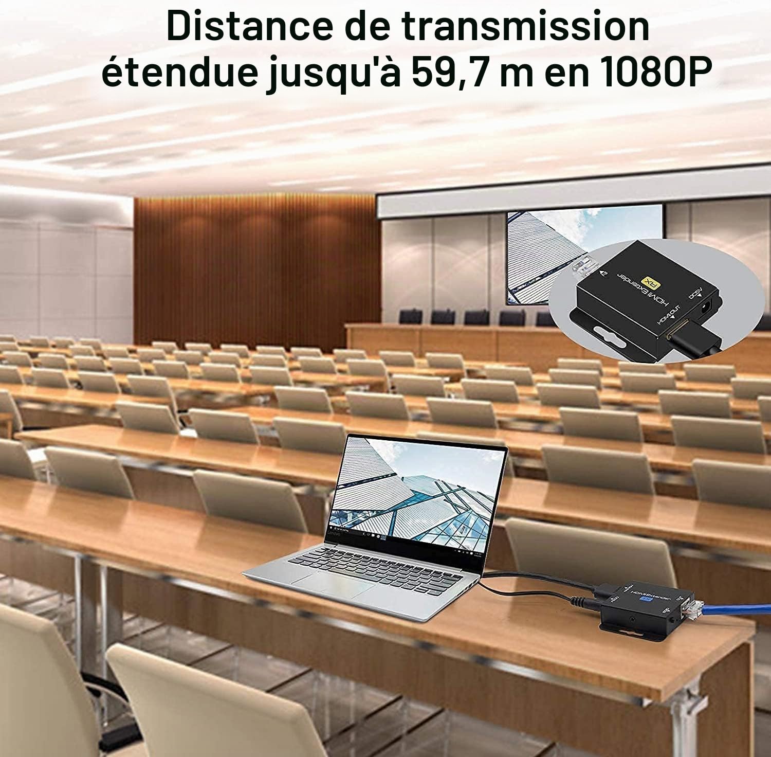 Rallonge HDMI via Ethernet avec POC (alimentation TX uniquement requise) - 1080p @ 60Hz, convertisseur HDMI vers RJ45, prend en charge EDID, pour Cat5e/Cat6/Cat7, avec bloc d'alimentation 5 V