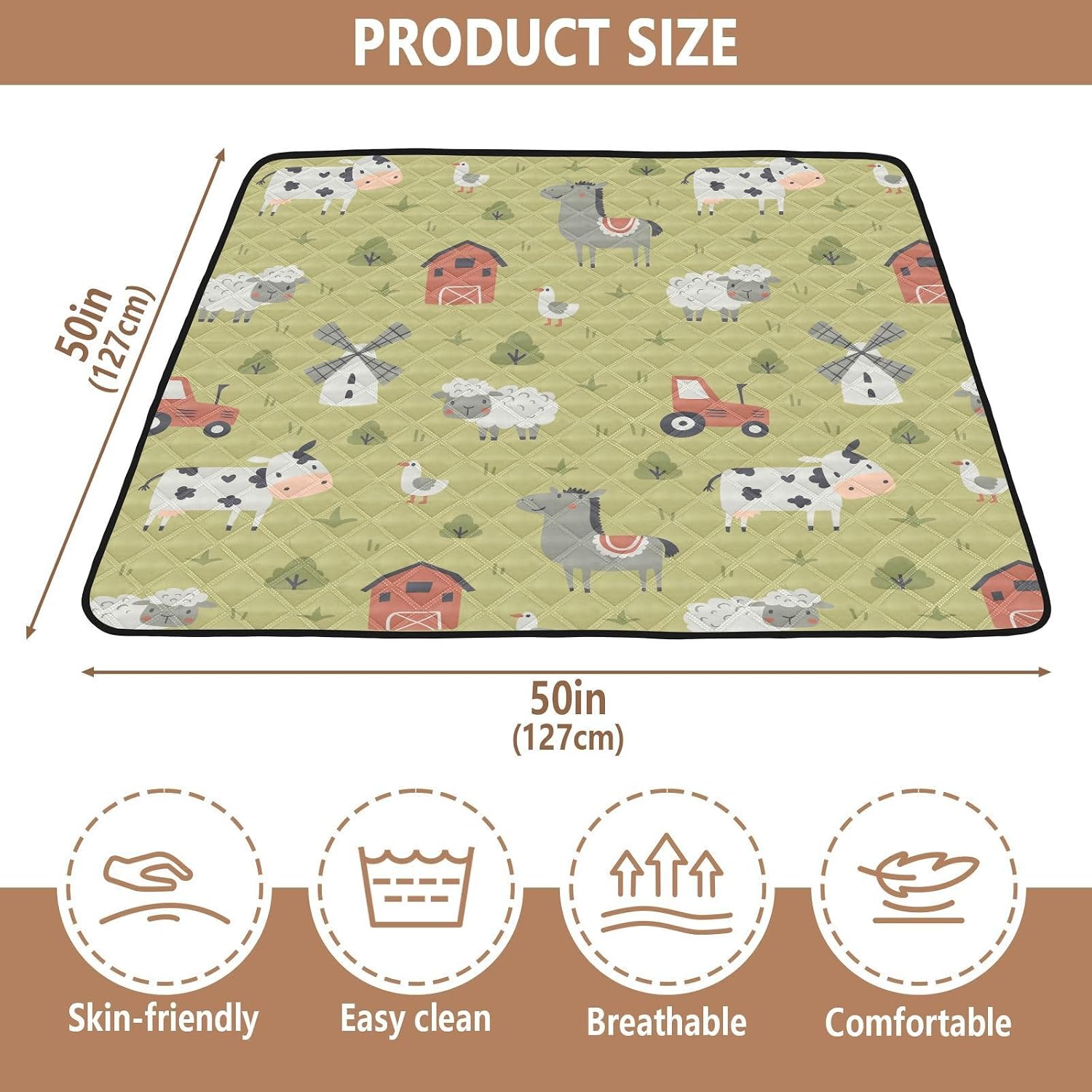 Baby Play Mat Cute Farm Tractor and Animals 50 x 50 Playpen Mat Baby Play Mats for Floor Play Gym Crawling Mat Non-Slip Cushioned Baby Playmat for Infants, Babies, Toddlers