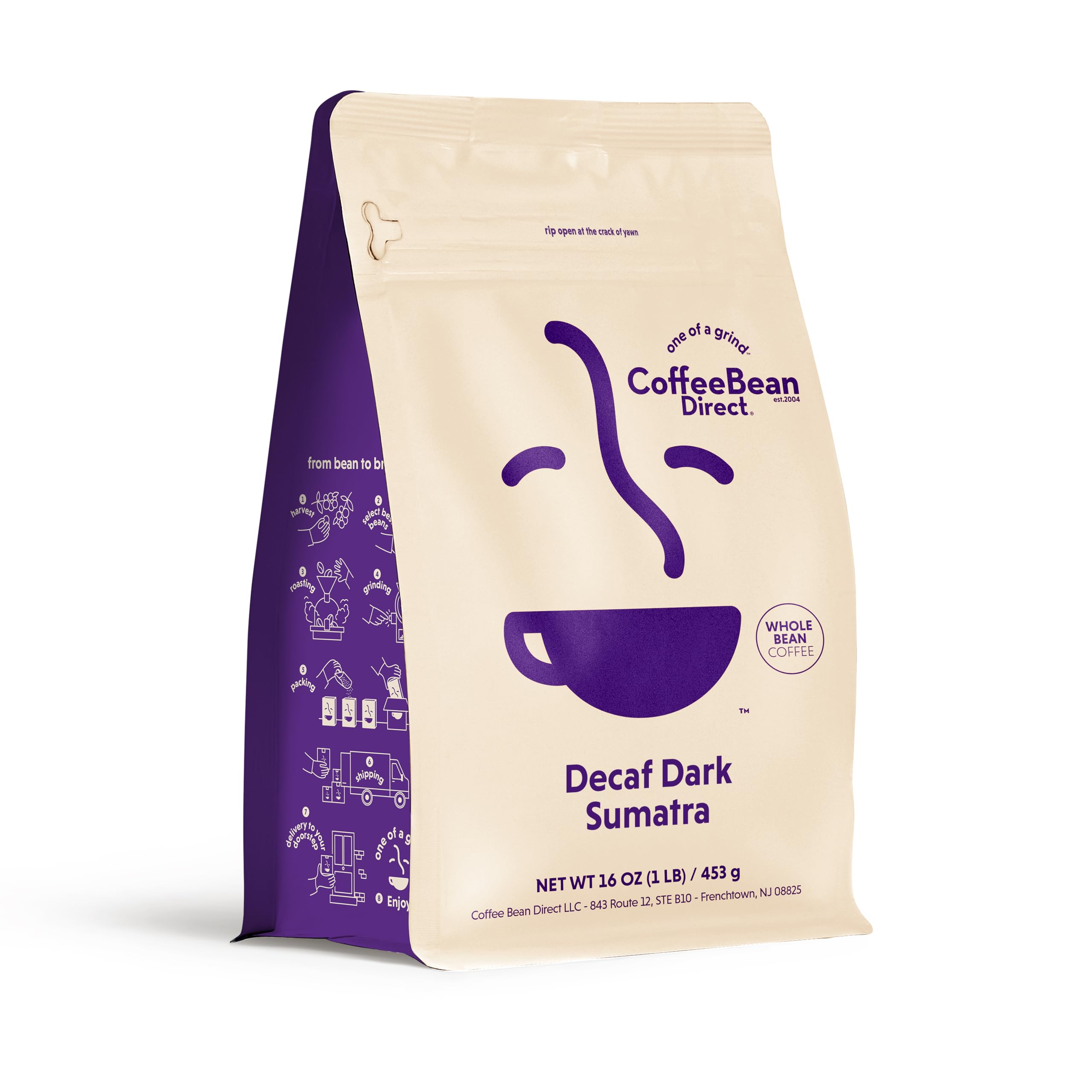 Coffee Bean Direct Decaf Dark Sumatra, Whole Bean Coffee, Dark Roast, 1 Pound Bag (Pack of 1)