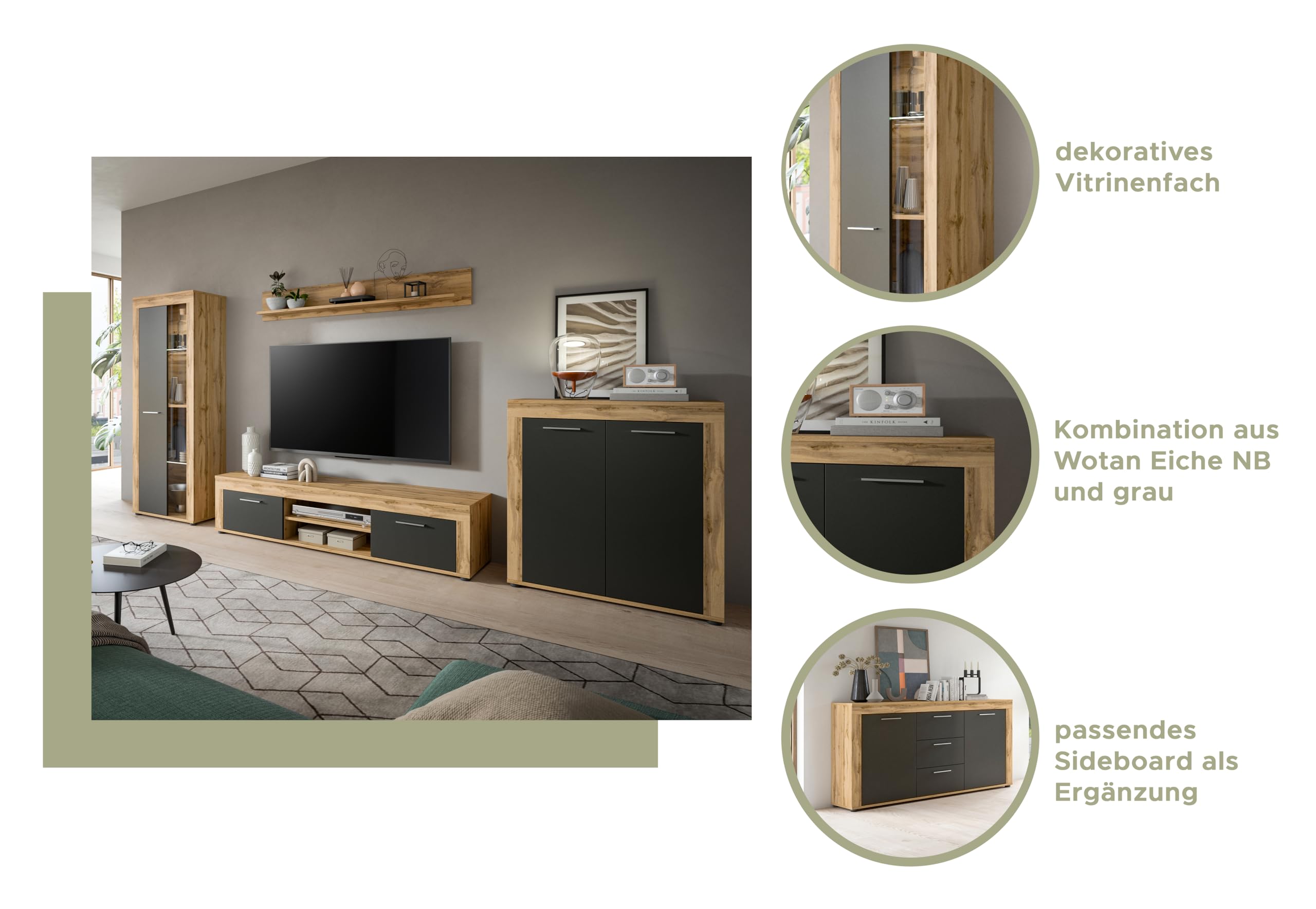 xonox.Home - Highboard Jam 80x88x35 cm in Wotan Eiche und grau - Wohnidee Möbelstück Designermöbel Einrichtung - schöner Blickfang einfache Montage