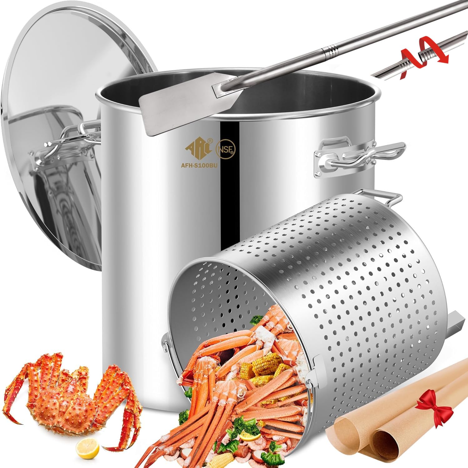 ARC 100-quart stainless seafood boil pot with basket and long mixing paddle