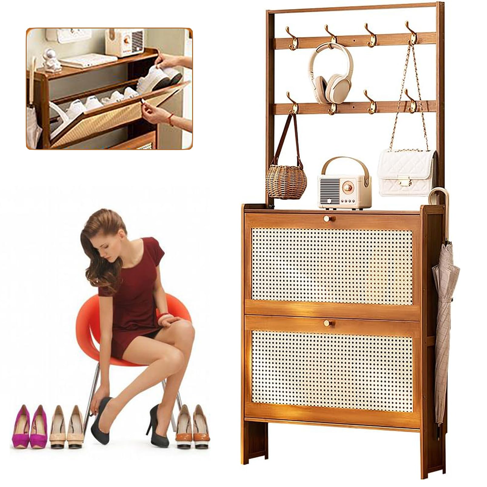 Zapatero de bambú con Puertas, Zapatero Entrada recibidor Estrecho, Mueble Zapatero recibidor Ratan, Armario Zapatero para la Entrada Slim, para Entrada, Pasillo Sala De Estar 70×17×152cm