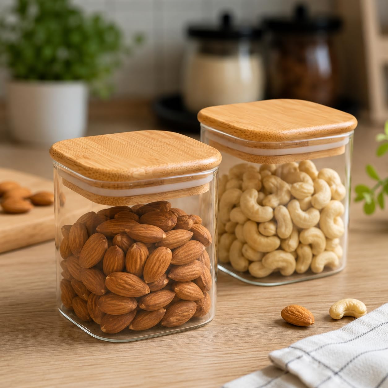 Airtight Square Glass Storage Jar with Bamboo Lid, 220ml Pack of 2 | Borosilicate Multipurpose Kitchen Container for Coffee, Tea, Sugar, Masala, Spices & Dry Fruits | Transparent Pantry Organizer