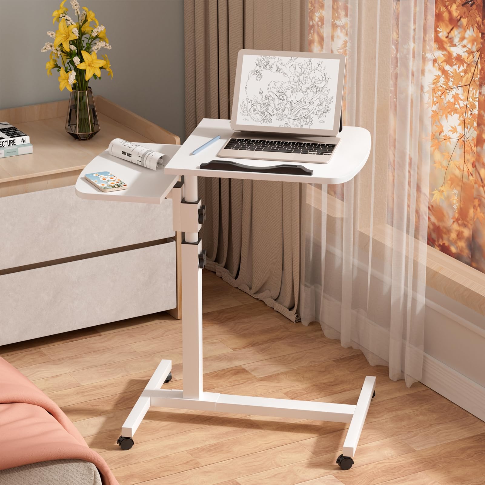 Gibxiyza Overbed Table - Adjustable Tilt, Height & Wheels - Laptop Table, Bed Tray - White