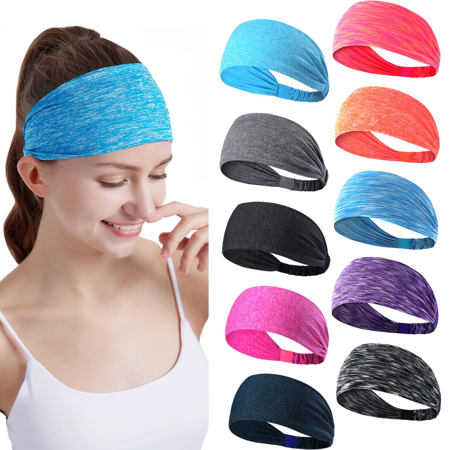Workout Headbands for Women Sports Sweatbands Yoga Hairbands for Fitness Elastic Athletic Non Slip Wicking Headscarf for Men Womens and Girls 10 PCS (Style 3-10 Color)