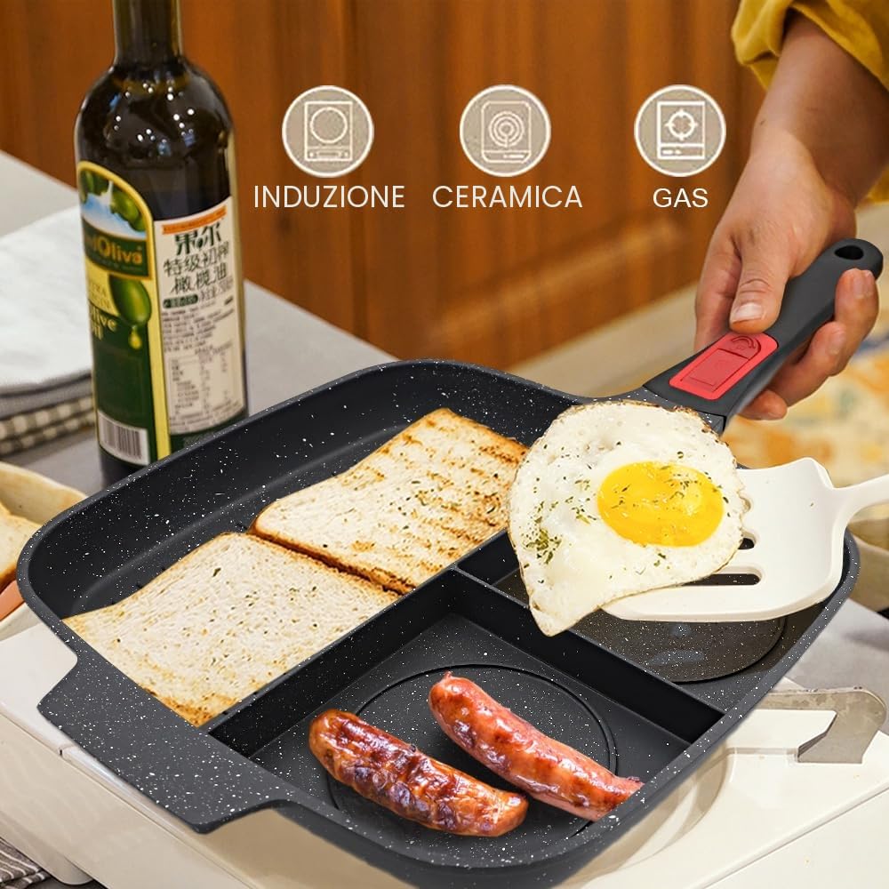 Bistecchiera Antiaderente con Manico Rimovibile e Coperchio, Padella Grill Quadrata 3 Sezioni, Induzione Compatibile 28 x 24 cm - Nero
