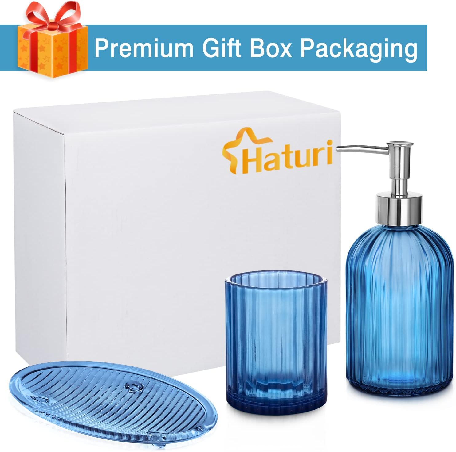 Bathroom Accessory Set, 3 Pcs Glass Bathroom Accessories Sets Complete with Lotion Soap Dispenser, Tumbler Cup, Soap Dish Tray, Gift for Home Apartment Modern Bathroom Decor Vanity Countertop- Blue