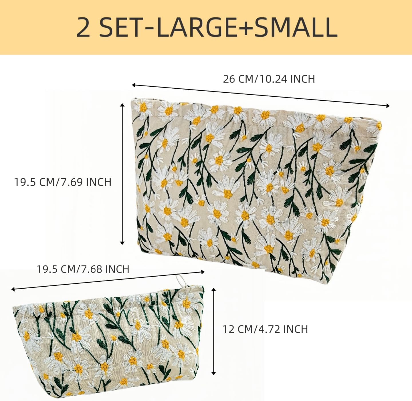 2 Pcs Makeup Bags, Large Cosmetic Bag Travel Toiletry Bag Organizer for Women, Embroidery Craft, Floral Makeup Bag Small Cosmetic Pouch Purse with Zipper Gifts for Girls Teen - Image 4