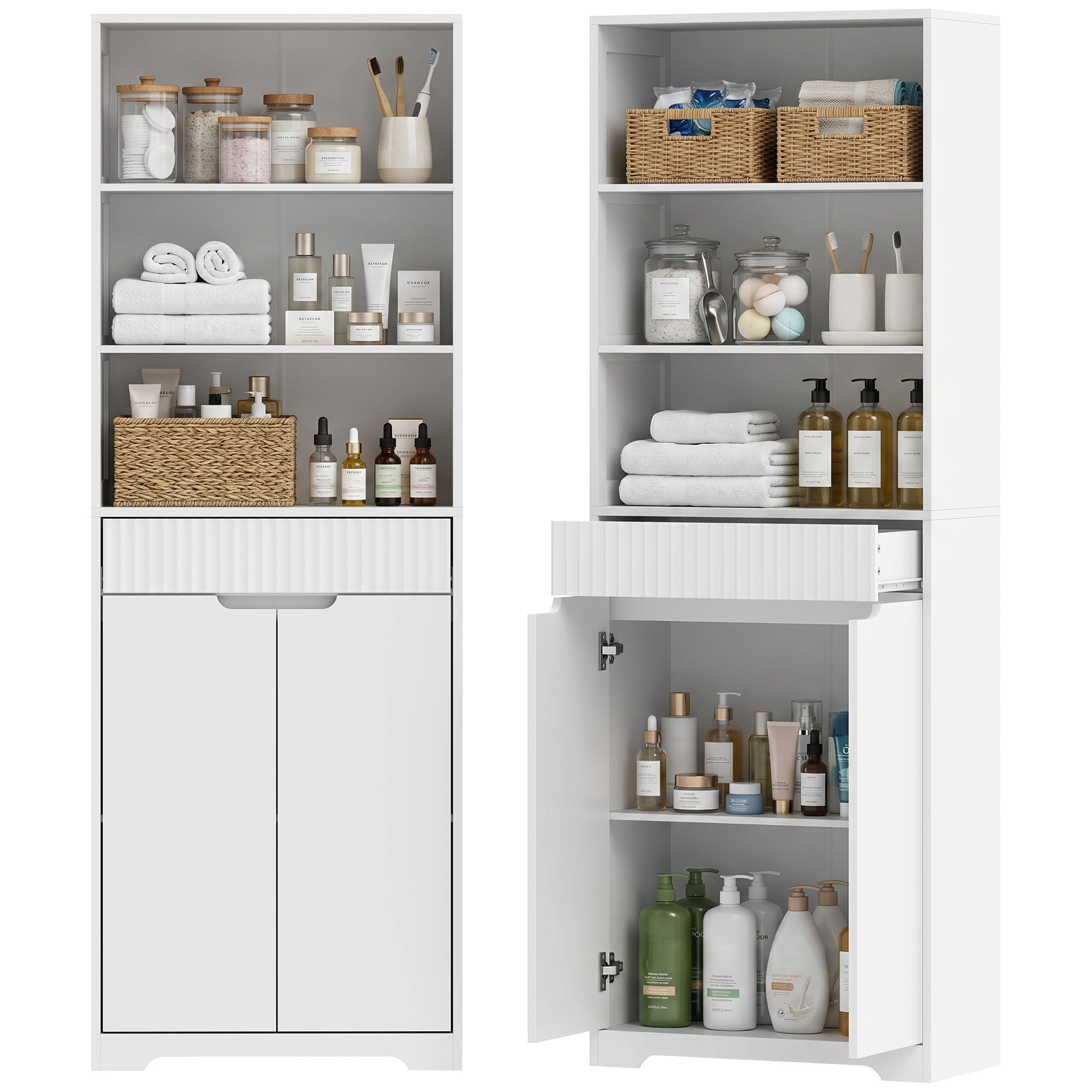 HOMCOM Mobile Bagno Alto Stretto, Mobiletto Bagno Salvaspazio con Armadietto Ante Soft Close, 3 Ripiani Aperti, Cassetto Scanalato, Ripiano Regolabile, per Lavanderia, 60x30x171 cm, Bianco