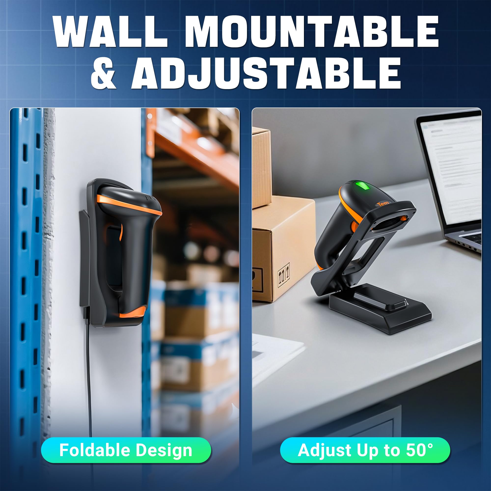 Tera Escáner de Código de Barras 1D 2D QR Inalámbrico 2.4G + USB 2.0 con Cable Mano Lector de con El Soporte Plegable Ajustable y la Base de Carga se Pueden Montar en la Pared, D5100-Z