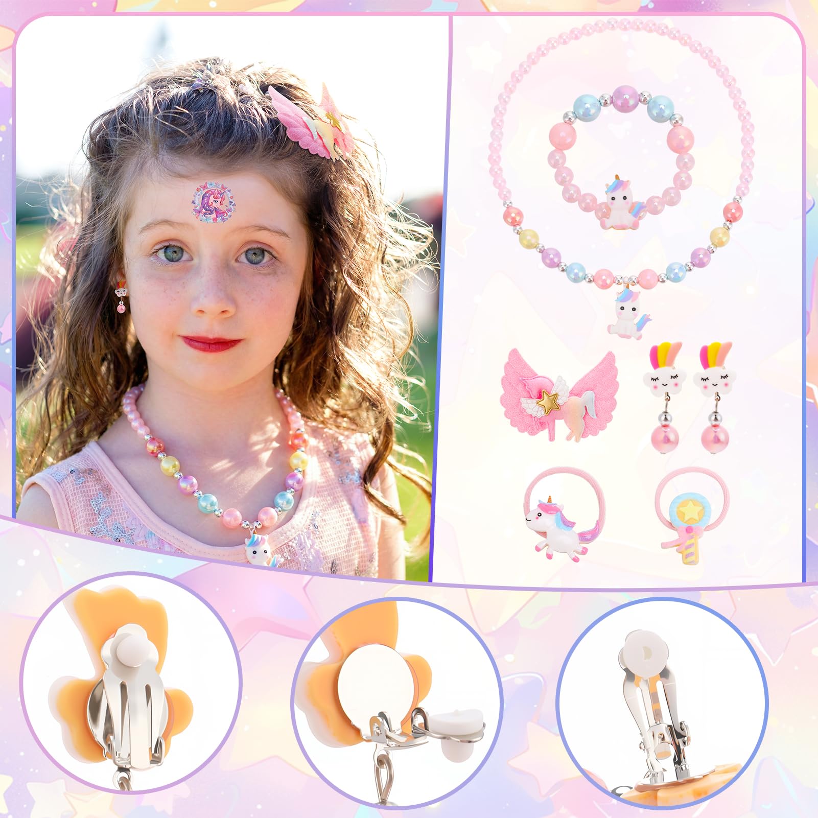 Lot de 23 cadeaux licorne pour filles de 3, 4, 5, 6, 7, 8 ans, ensemble de bijoux licorne avec sacs, bijoux pour enfants, épingles à cheveux, tatouages temporaires, sacs cadeaux
