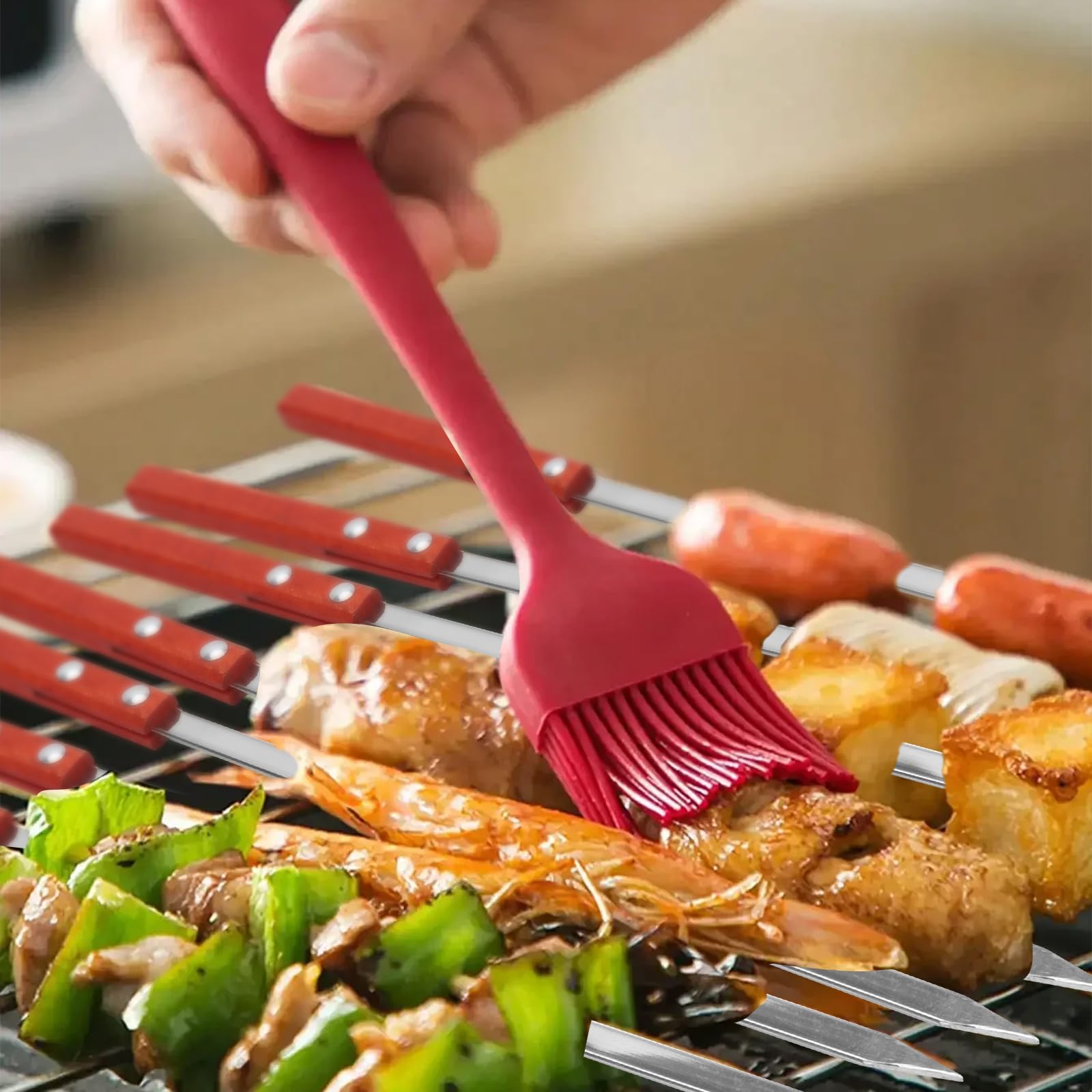 12 Brochettes Barbecue Réutilisables En Inox AROMUJOY - Longueur 40cm, Poignée Bois, 2 Pinceaux Inclus