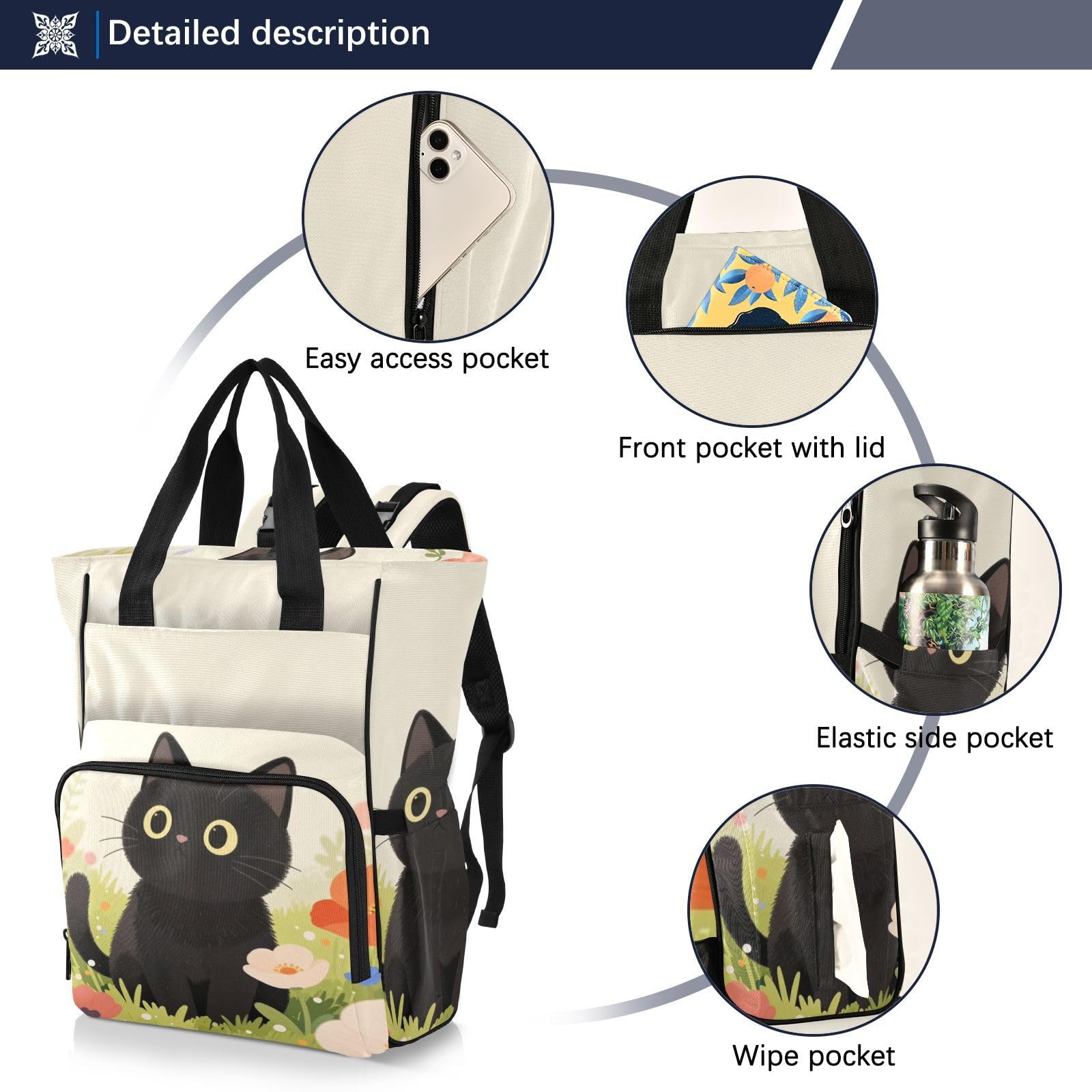 Baby Essentials torba na pieluchy czarny kot kwiaty