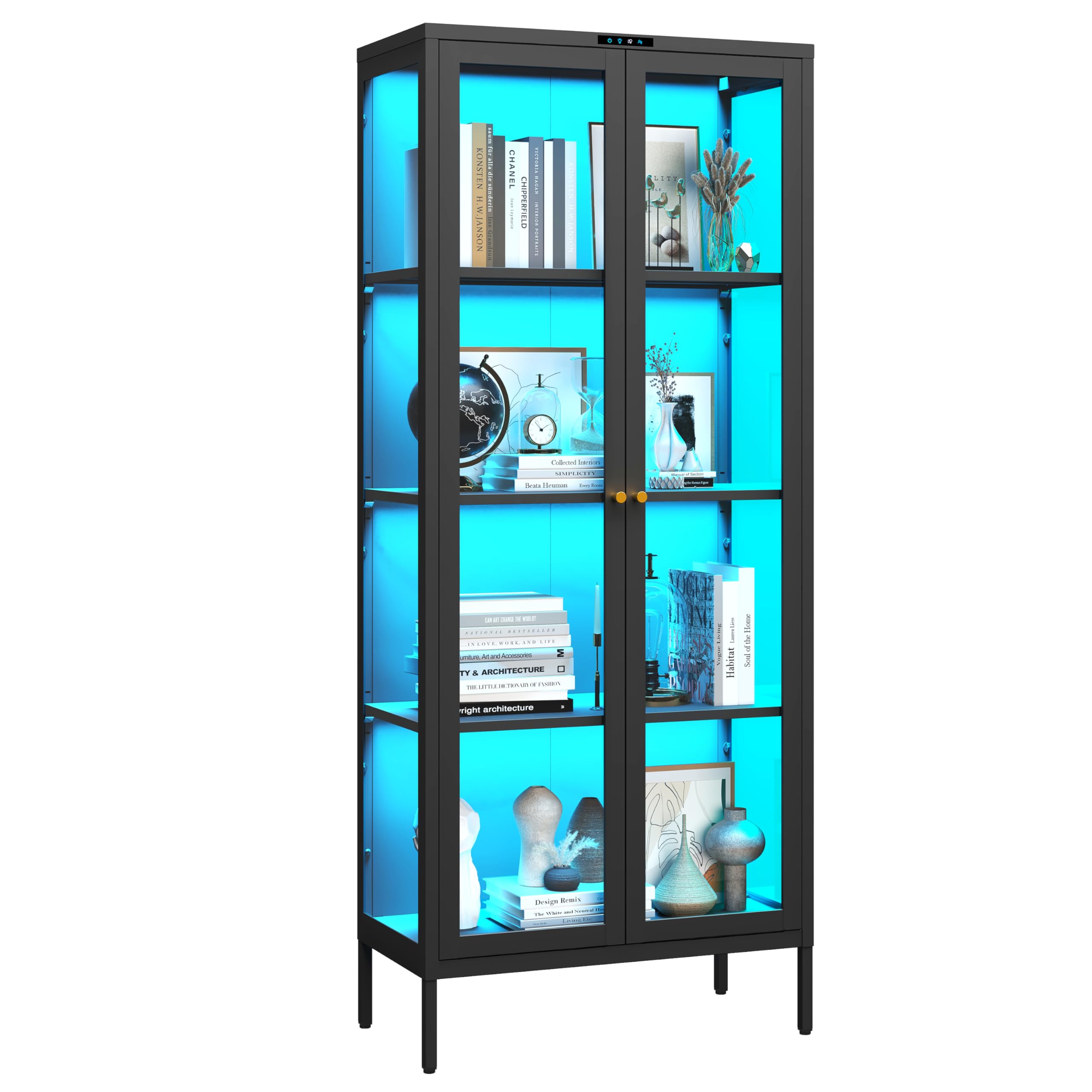 Display Cabinet with Glass Doors, Glass Display Cabinet with 8 Color LED Lights, Curio Display Cabinet with 3 Shelves for Living Room, Plant, Display Shelf, Assembly Required, Black