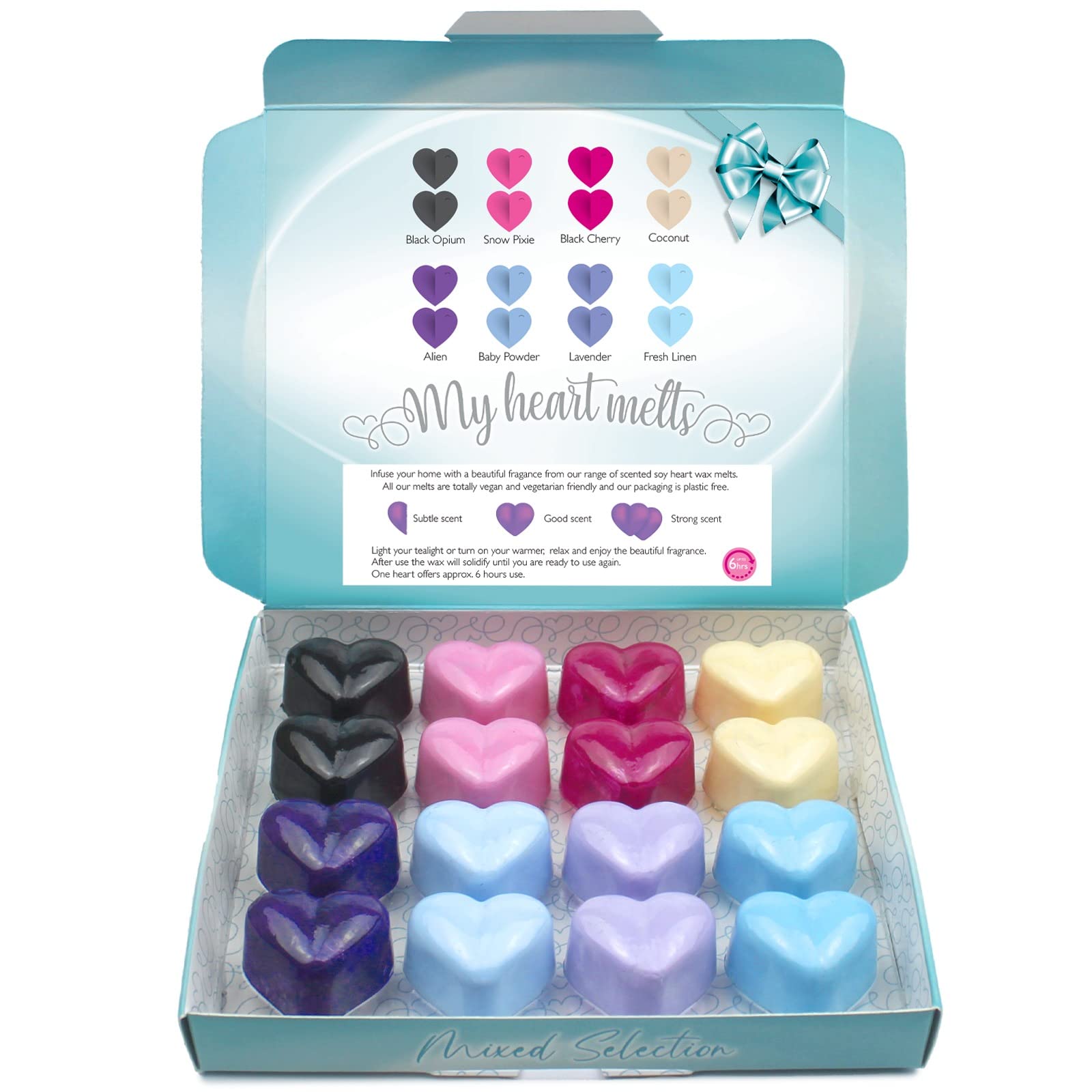Spotless Leopard Mixed Scents Wax Melts: Heart Shaped Melts In A Presentation Gift Box 2 Of Each Black Opium, Alien, Snow Pixie, Lavender, Baby Powder, Black Cherry, Fresh Linen And Coconut Size 16