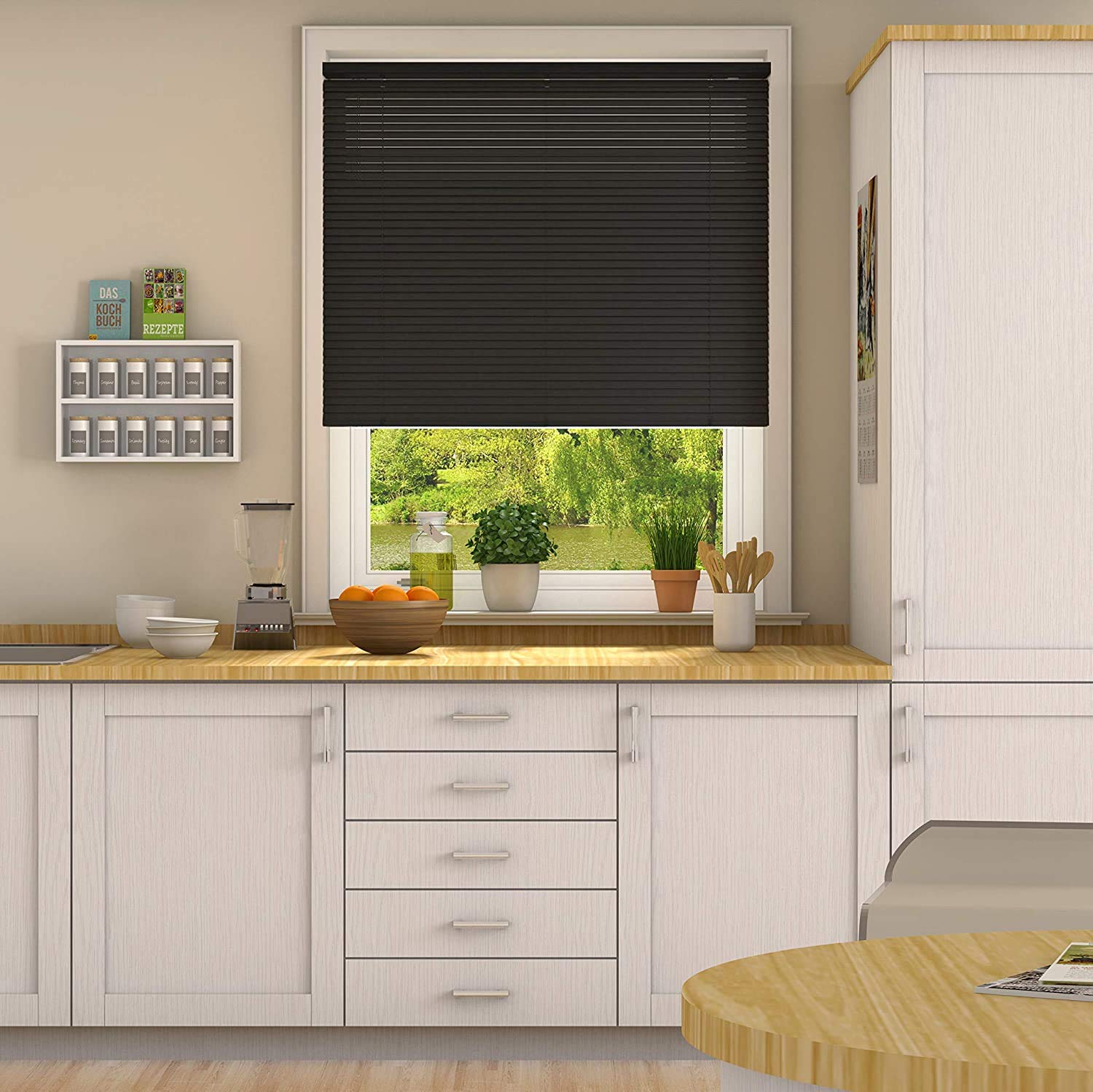 25mm Slat PVC Venetian Blind 152cm Drop (Black, 75cm (29.52"))