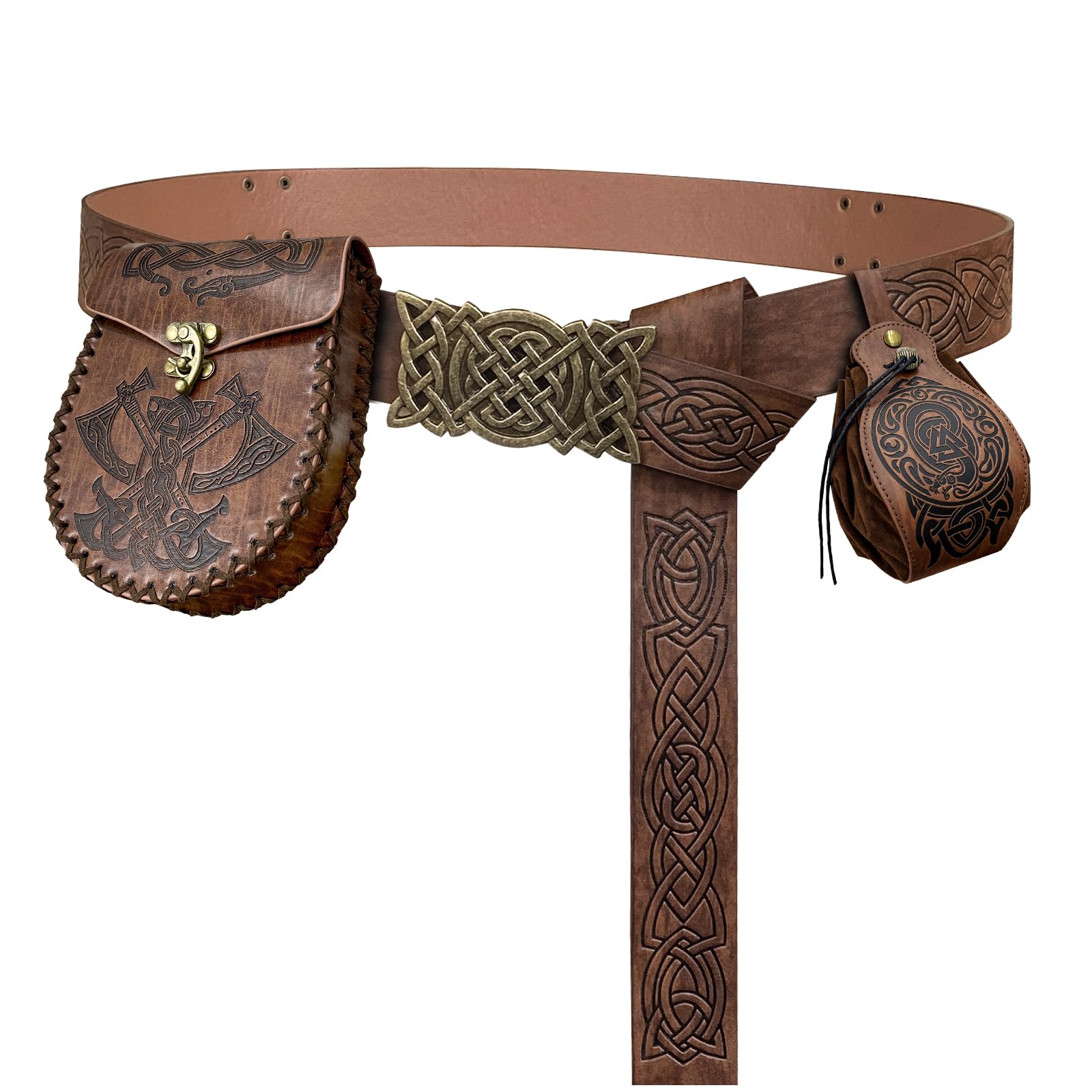 HiiFeuer Viking Embossed Buckle Belt with Nordic Embossed Belt Bag and Medieval Drawstring Pouch, Retro Vintage Faux Leather Ren Faire costume for LARP