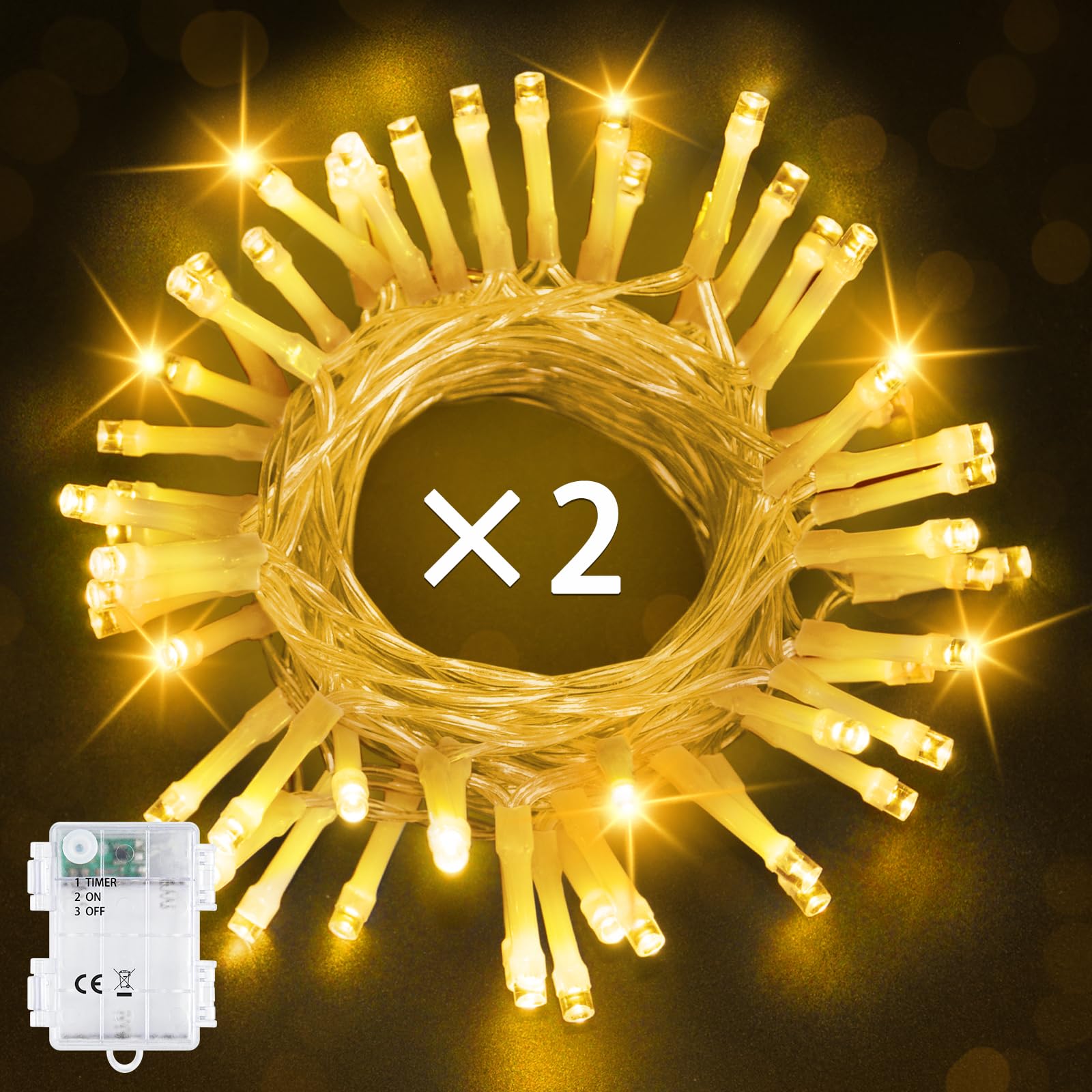 Bowfar Battery Fairy Lights, 5M 50 LED Warm White Fairy Lights Battery Operated with 6h Timer, Waterproof Christmas String Lights for Garden Indoor Outdoor Christmas Decorations(2 Pack, Clear Cable)