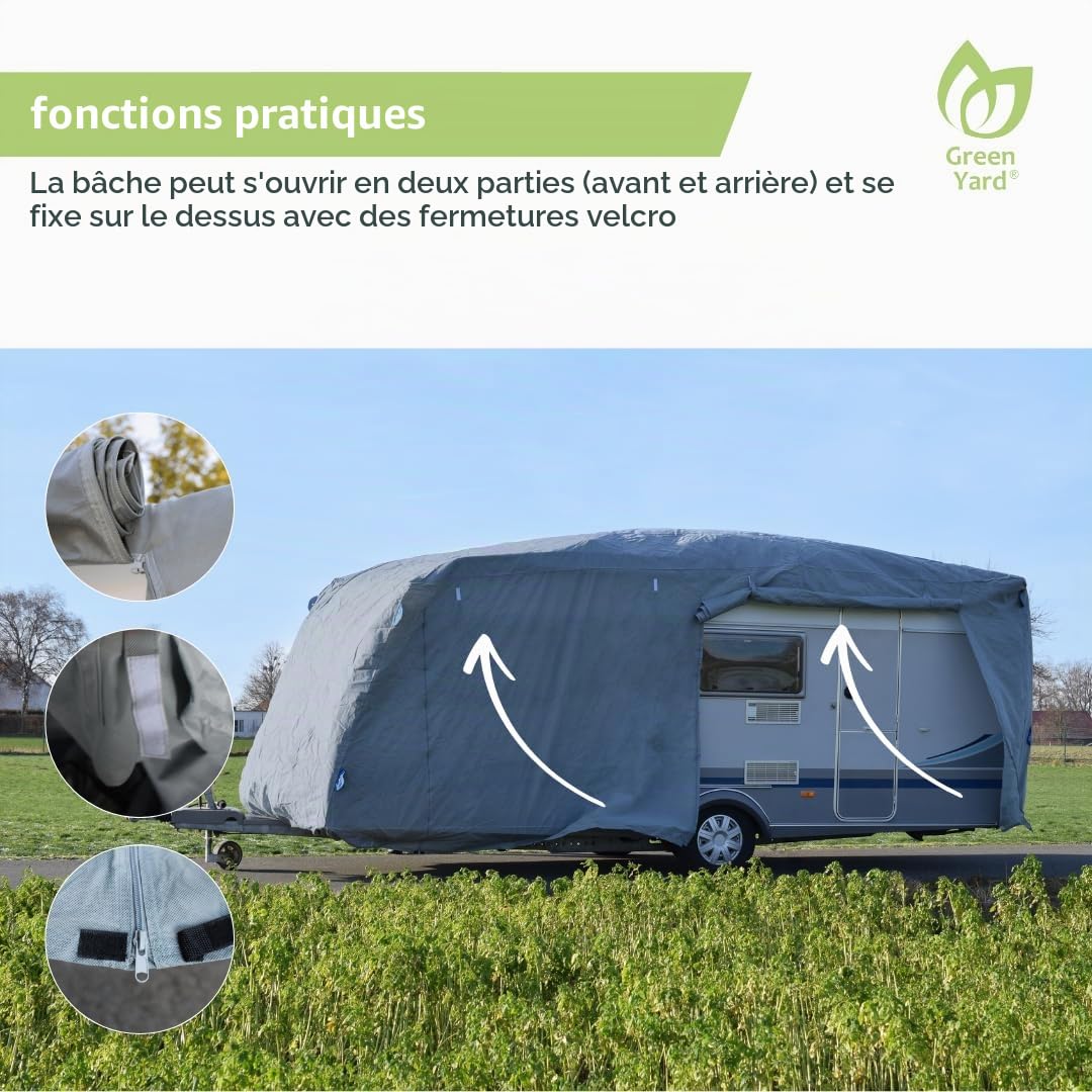 GreenYard® Bâche de Protection pour caravanes ou Camping-Cars | Taille XL 670 x 250 x 220 cm | Housse de Camping | Protection Contre la poussière et l'humidité | Respirant | Durable