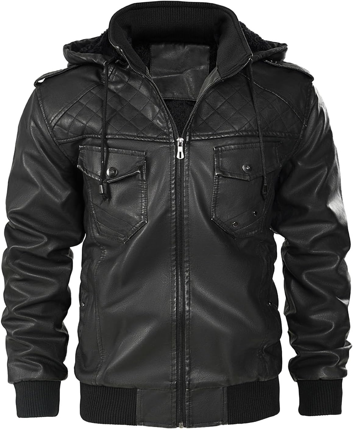 XUNRYAN Mens Sherpa Lined Faux-Leather Jackets Removable Hooded Motorcycle Zip Up Bomber Winter Warm Fleece Coat Outerwear