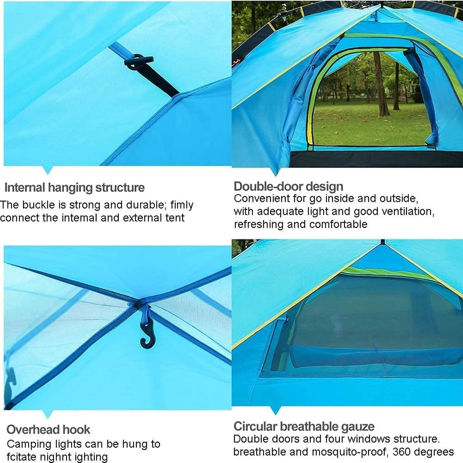 Przenośne namioty Campitent Double Layer Pop-up dla 3-4 osób, wodoodporny namiot Campidome z 2 drzwiami, wentylowanym oknem z siatki, do Hikicamping