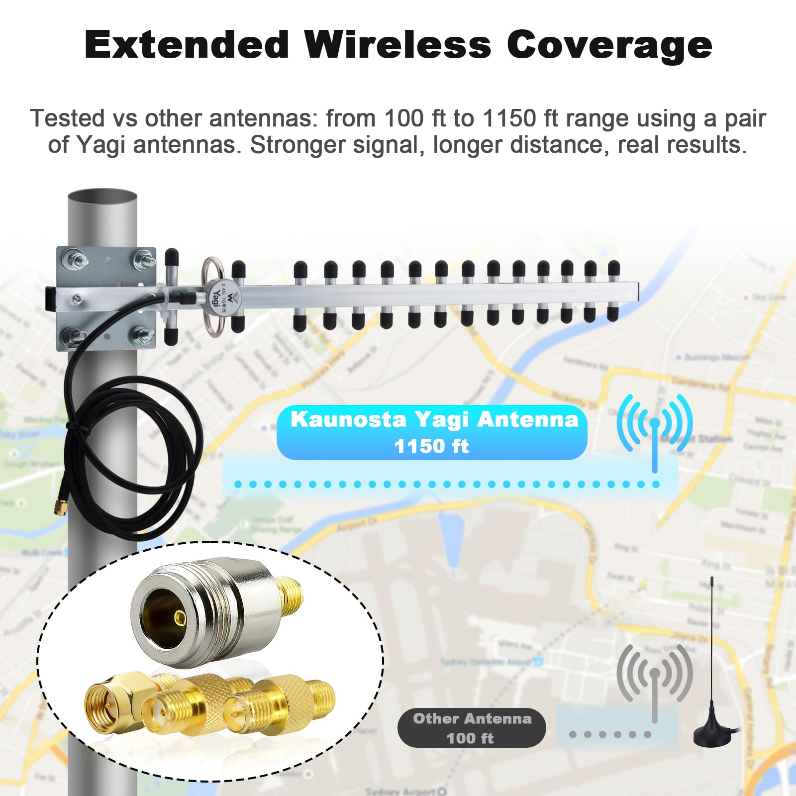 Yagi Antenne WiFi 2,4 GHz 25 dBi à gain élevé directionnelle avec connecteur RP-SMA et câble de 1,5 m, kit d'adaptateur de type RPSMA/SMA/N pour routeur, adaptateur USB, caméra de sécurité