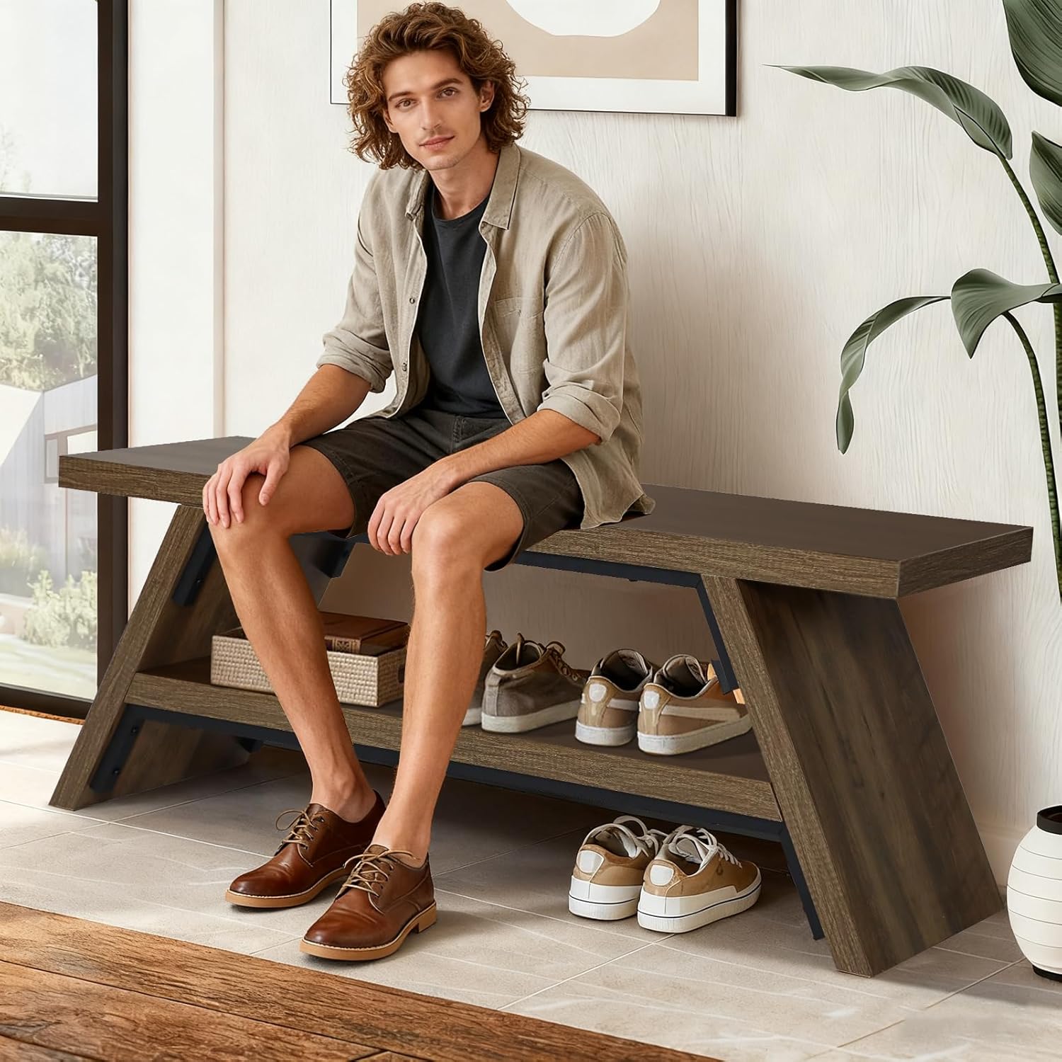 2-Tier Shoe Bench,Entryway Shoe Storage Bench,Modern Narrow Bench for Entryway, Kitchen, Bedroom, Dining（Brown）