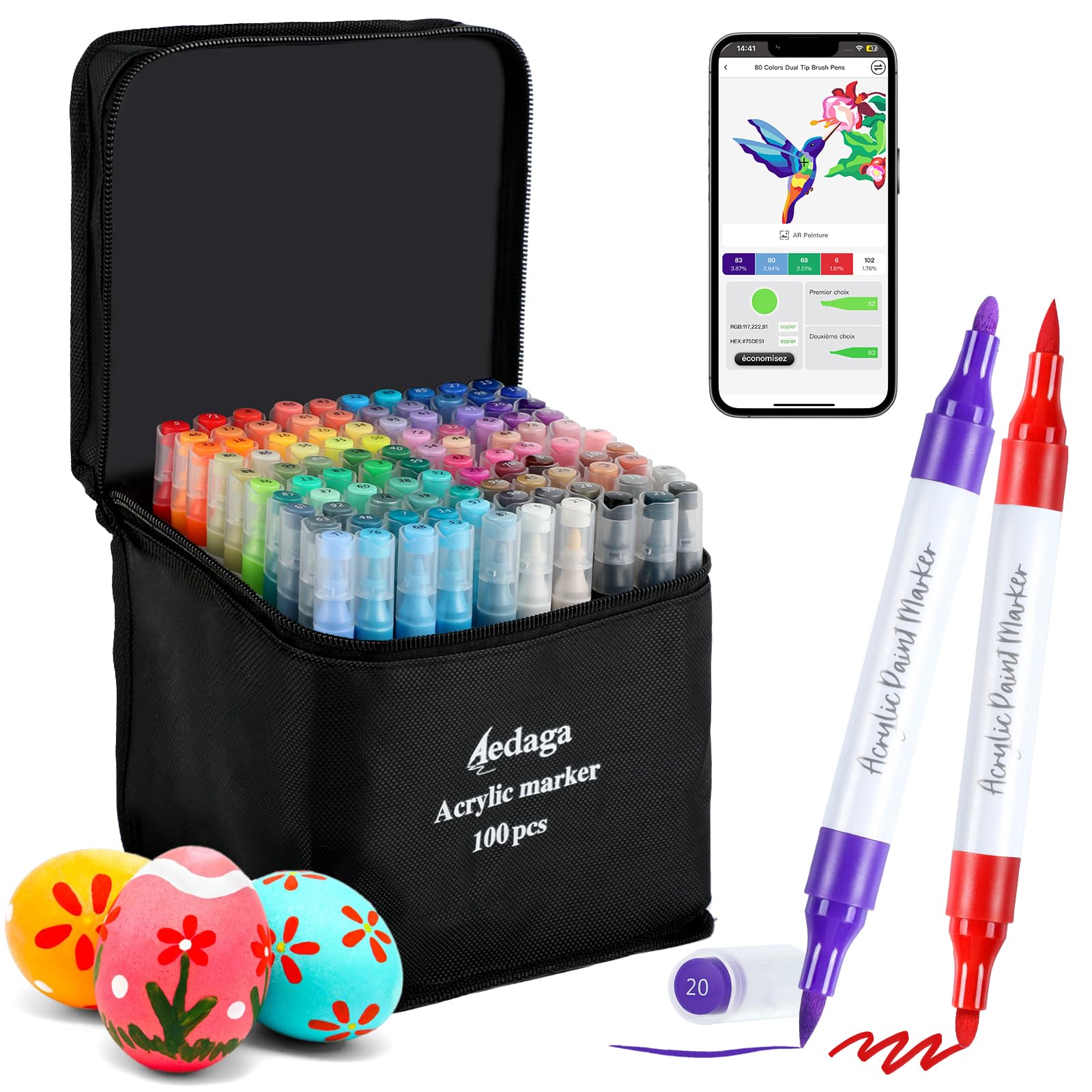 AEDAGA 100 Couleurs Feutre Acrylique avec App, Acrylic Marker Double Pointe | Pointe Pinceau & Fine | Numérotés | Séchage Rapide | Non toxique | Feutre Coloriage Adulte pour Bois, Œufs, Pierre, Verre