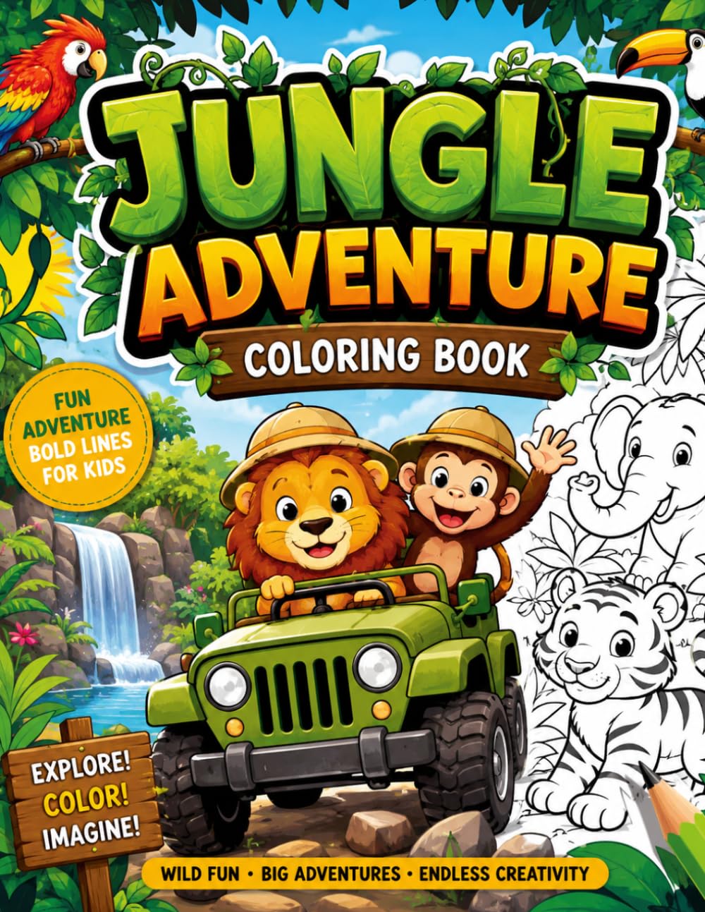 Jungle Adventure Coloring Book: Fun and Easy Bold Outline Jungle Coloring Pages for Kids Ages 4-8
